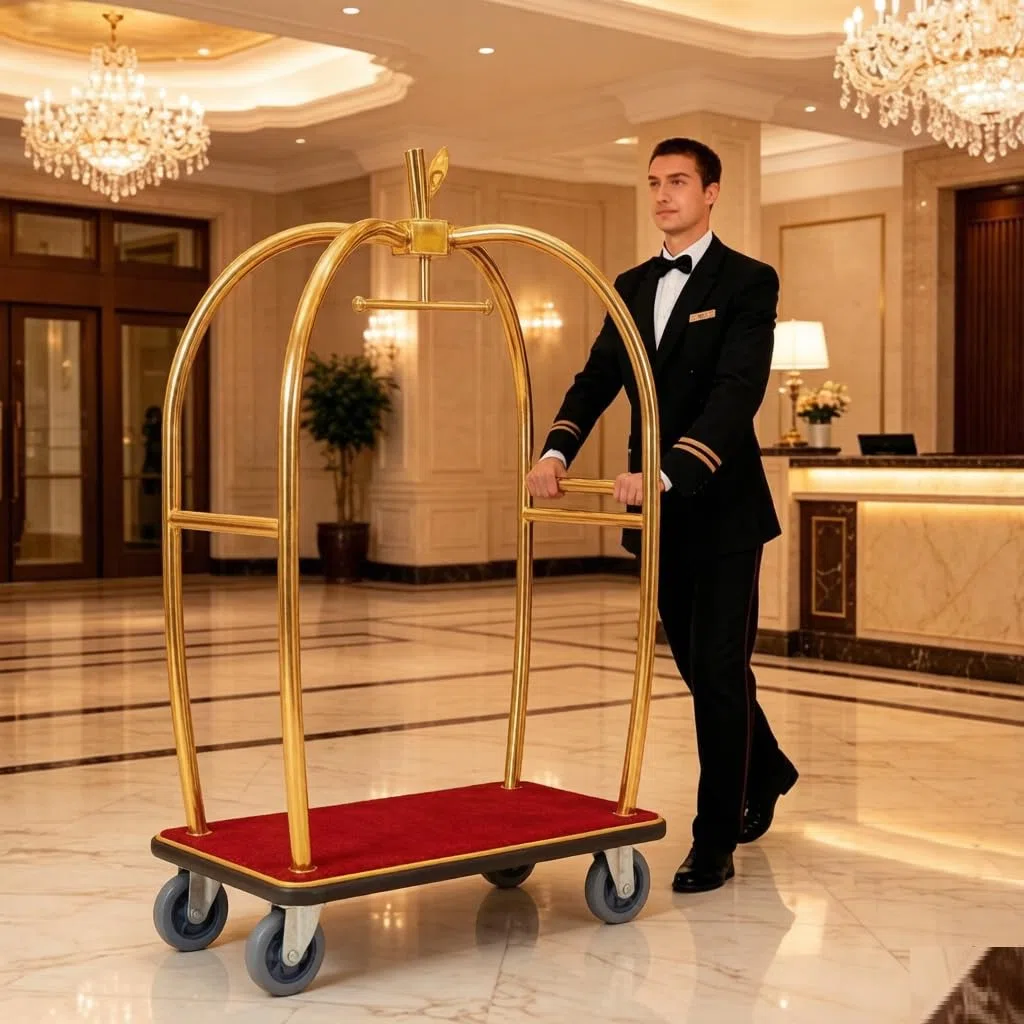 Carrito de Equipaje, Carrito de Servicio de Hotel, Ruedas de Goma de 6 Pulgadas, Dorado, Acero Inoxidable, Apto para Lugares comerciales como hoteles, Apartamentos, Resorts, etc.