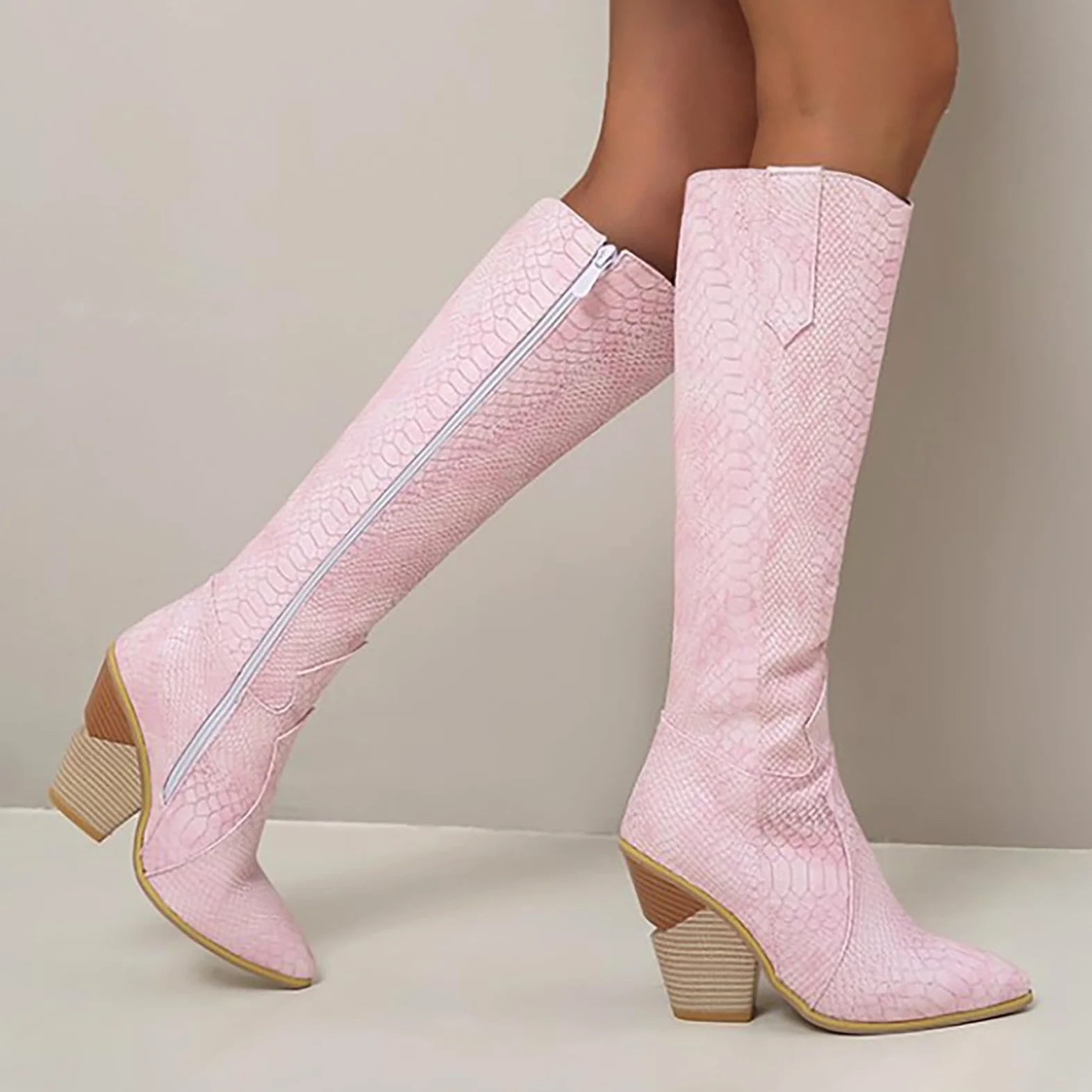 Botas de Vestir Rujer Botas Altas hasta la Rodilla Occidentales con Estampado Gruesas con Punta en Punta y tacón apilado para Mujer