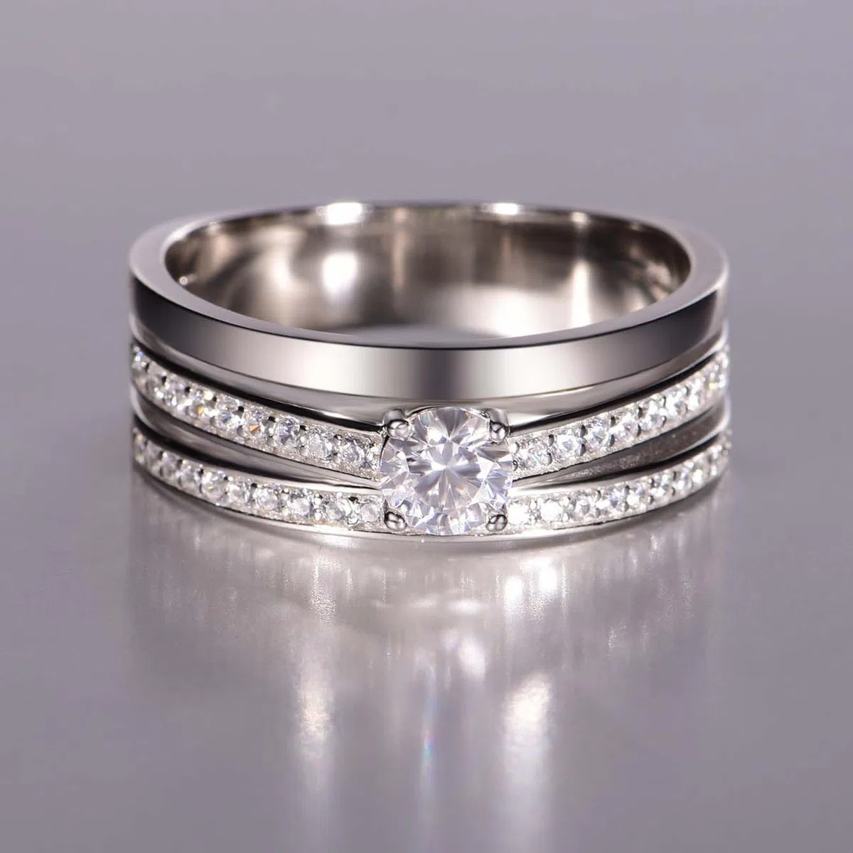 Anillos de oro blanco elegantes, 0,5 ct Moissanite, anillos de compromiso, anillos de boda de oro real para mujer