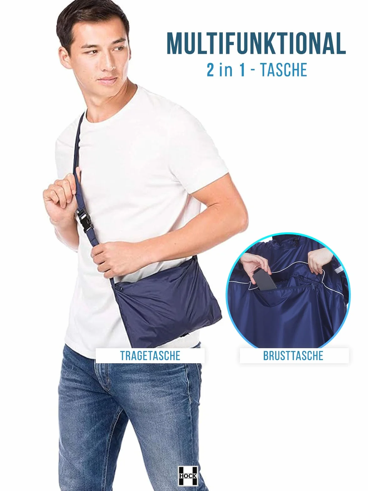 HOCK Poncho de lluvia premium para bicicleta eléctrica con mangas – adecuado para cascos – Chubasquero 100% impermeable, Marine, XL