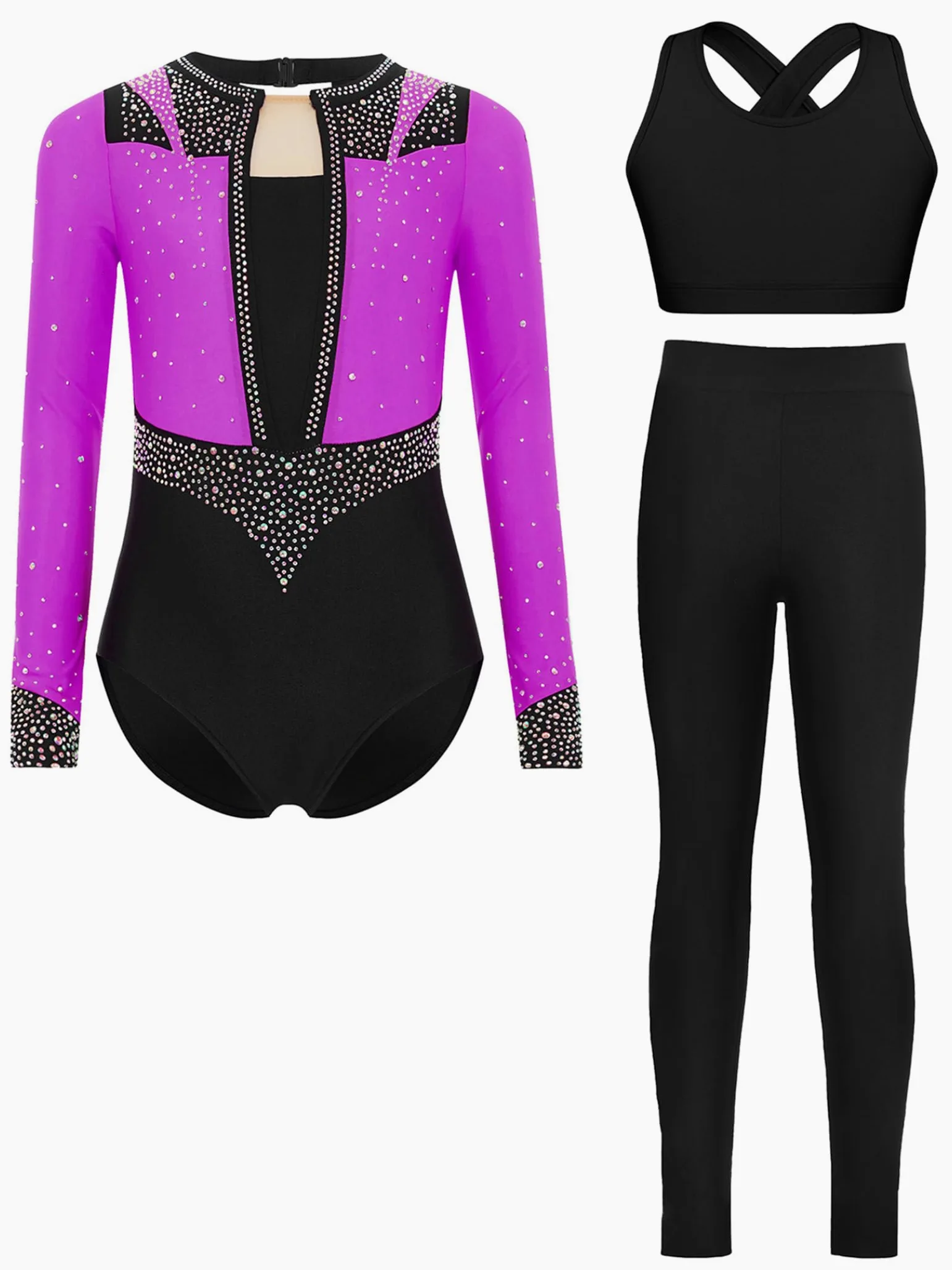 Piezas De Traje De Gimnasia Con Destellos Para Niñas Leotardos De Gimnasia De Manga Larga Tops De Deporte Brasier Y Pantalones Traje De Baile Para Púrpura 13-14 años