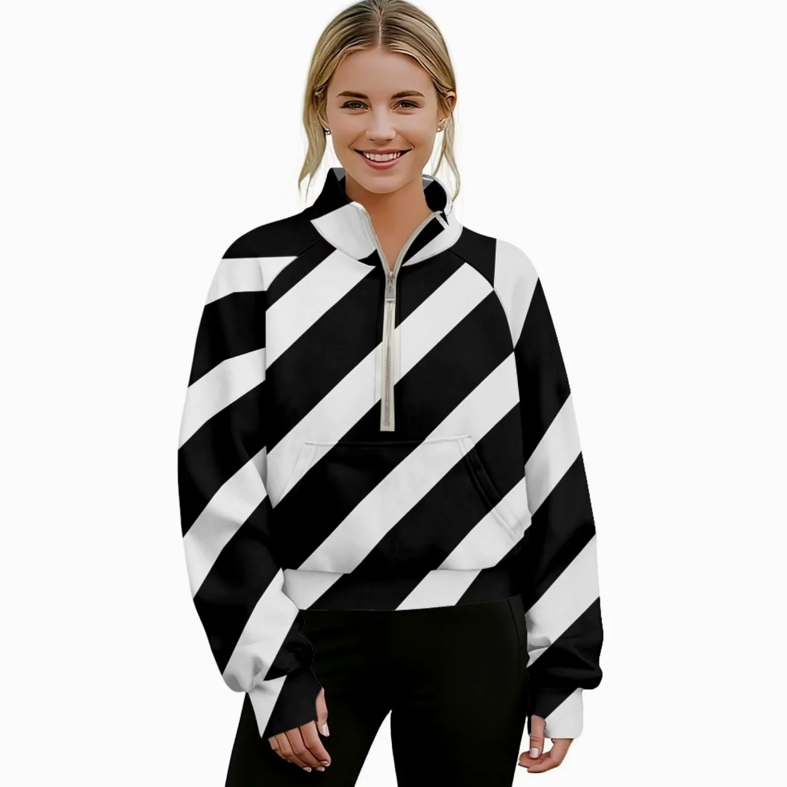 Poceacles Sudadera de media cremallera para mujer, con agujero para el pulgar, manga larga, cuello alto, sudadera con bolsillo, para otoño e invierno