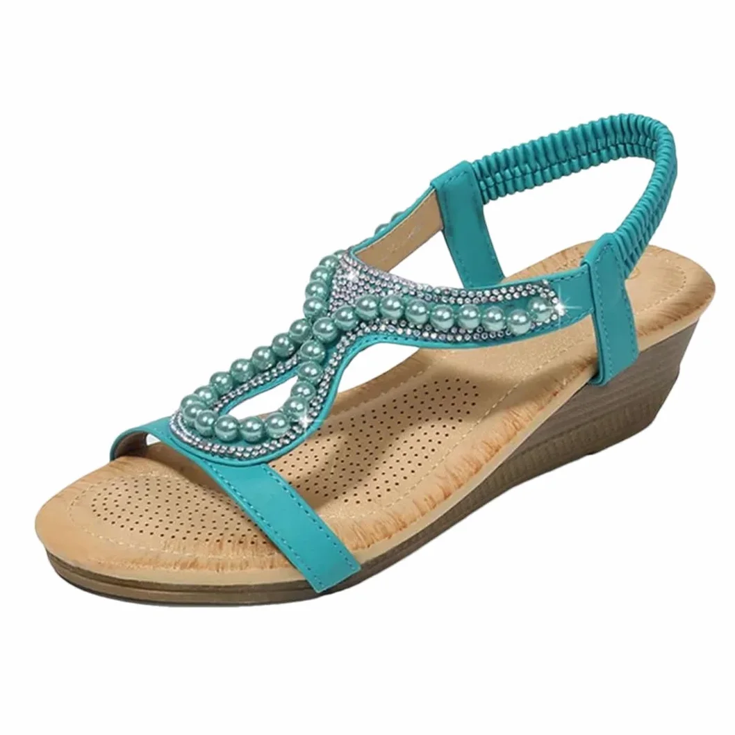 Sandalias de gladiador con banda elástica delantera y trasera para mujer, tacón de cuña, parte superior de poliuretano, cuentas de diamante
