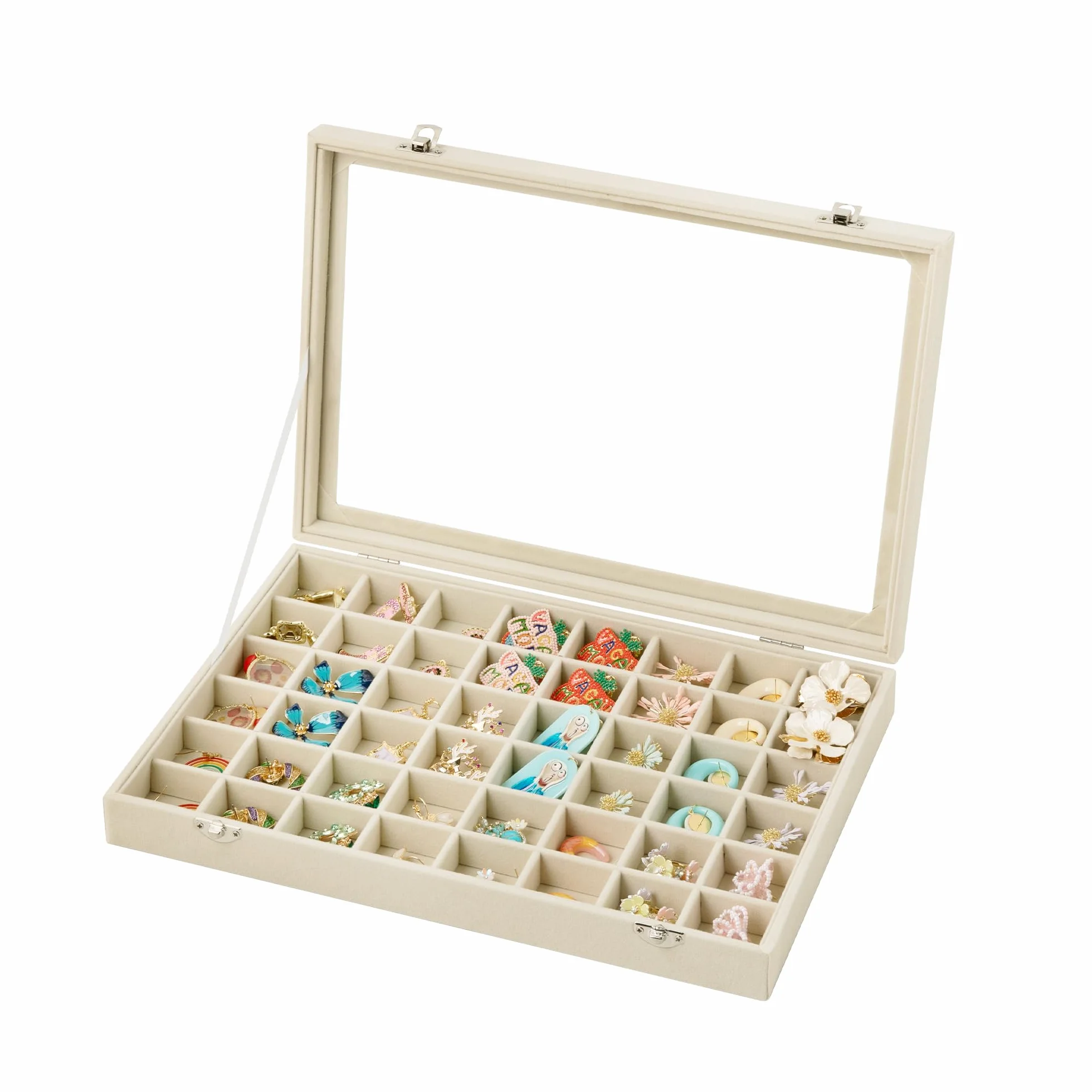 Frebeauty Bandeja para joyas con 48 compartimentos, soporte ajustable para pendientes con tapa de cristal, cajón de terciopelo, organizador de joyas para anillos (Beige)