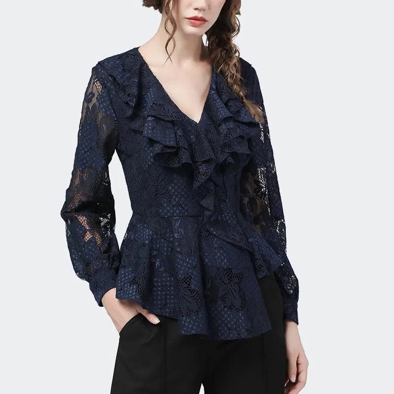 Blusas de Encaje con Cuello en V y Volantes de Color Azul Oscuro, diseño Floral Ahuecado, Manga Larga, Blusas Delgadas de otoño para Mujer, Camisas de Oficina (Azul M)