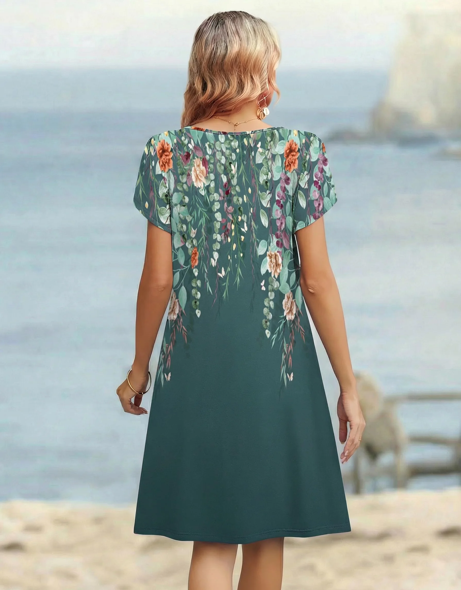 Zeagoo Vestidos Verano Mujer Manga Corta Escote en V Túnica Flores Midi Casual S-XXL