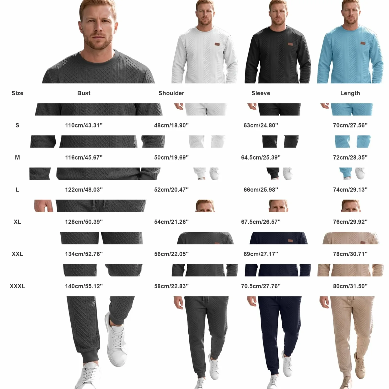 Conjunto de chándal de dos piezas de cuello redondo para hombre | Conjunto completo de sudadera y pantalones deportivos de cintura elástica, estilo casual, texturizados, ajuste holgado