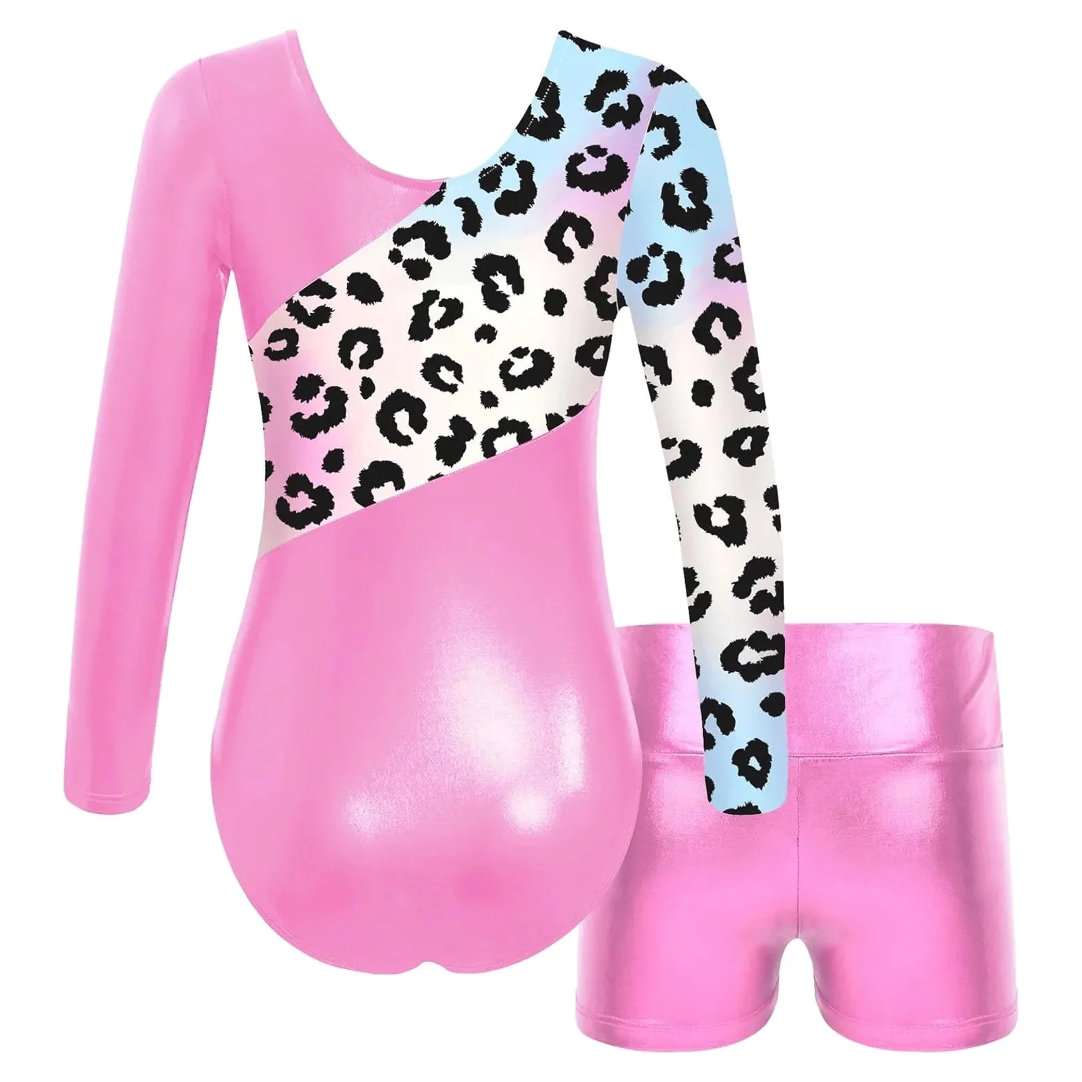 Maillot Gimnasia Ritmica Body de Leotardos de gimnasia for niñas, conjunto de baile de Ballet de manga larga bronceado, mono de entrenamiento de patinaje artístico con pantalones cortos(Blue,6)