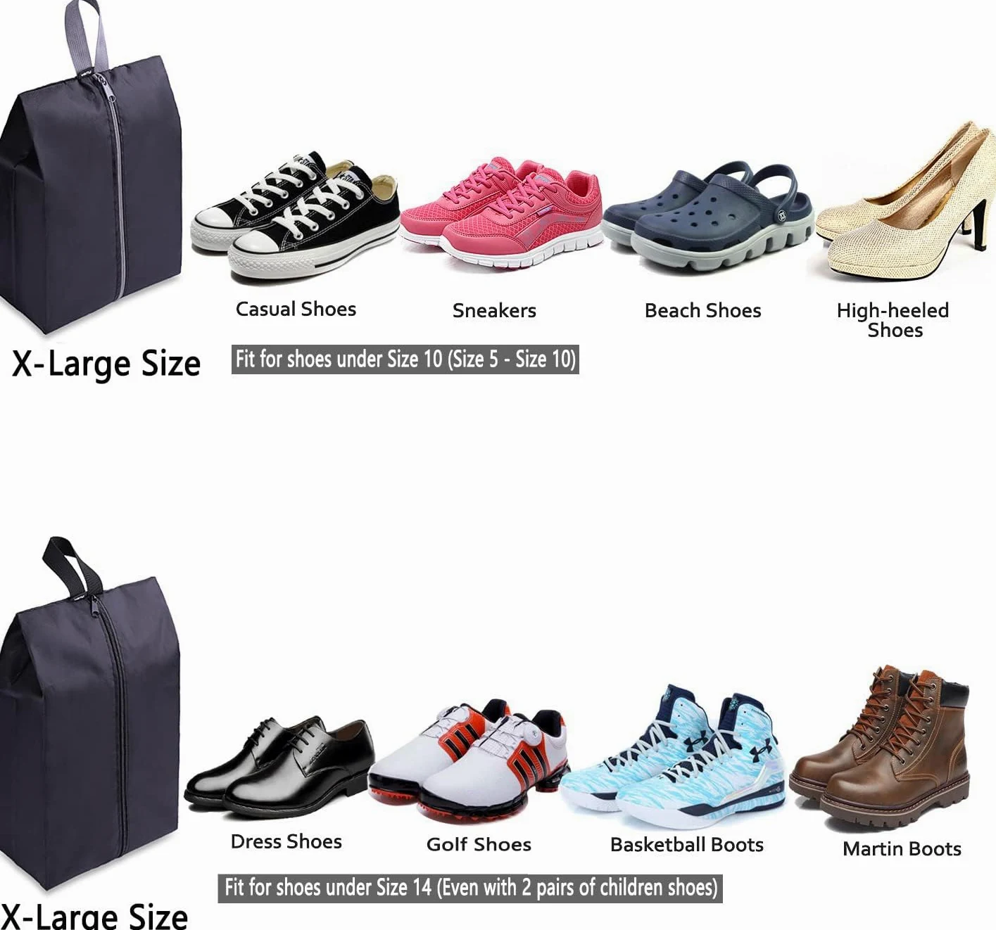 YAMIU Travel - Juego de 2 Bolsas Impermeables de Nailon con Cremallera para Zapatos para Hombre y Mujer (Negro)