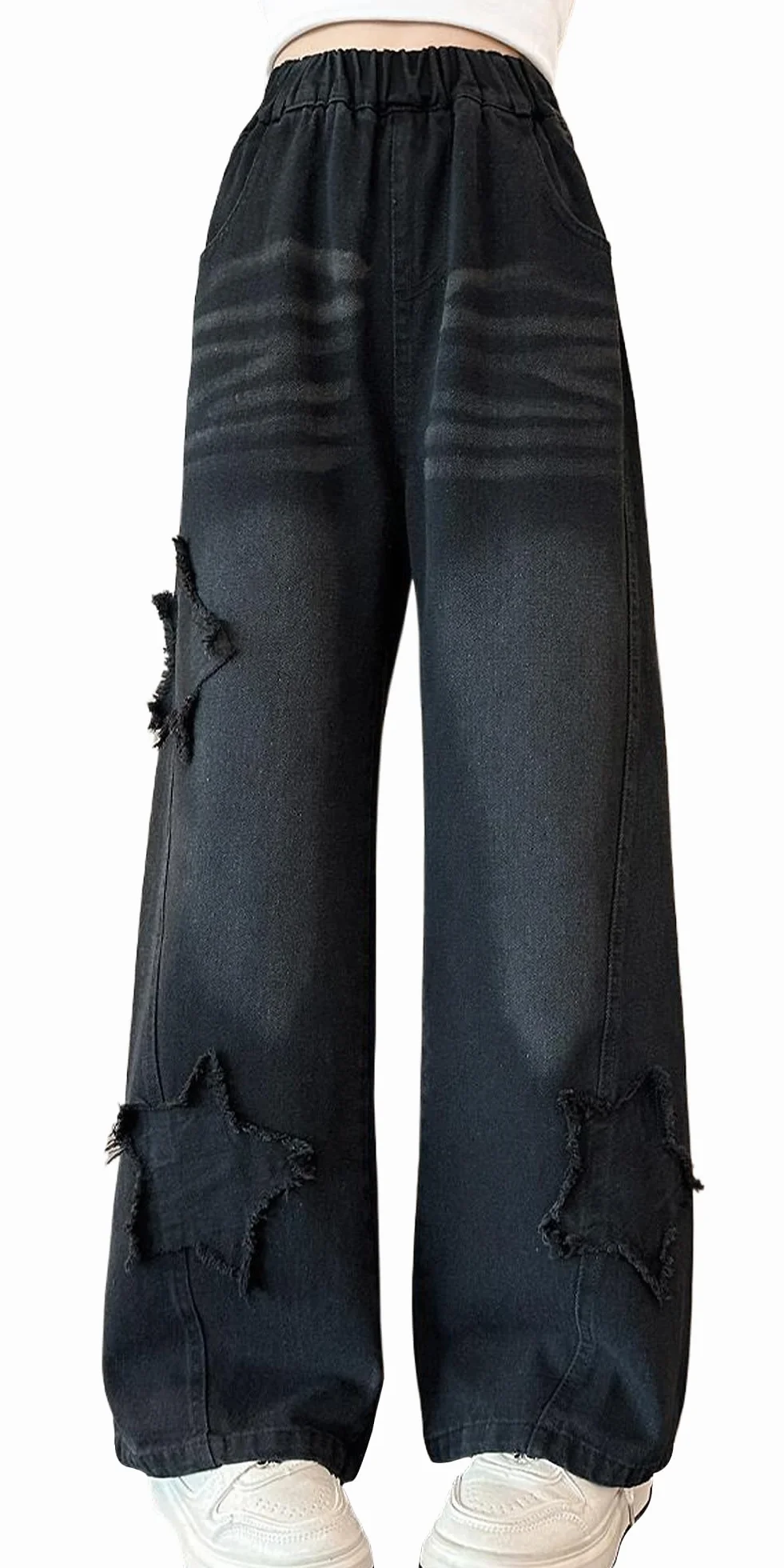 SEAUR Pantalones vaqueros para niña, pierna ancha, holgados, con cintura elástica Y2K, pantalones vaqueros con estampado de estrellas, para niños, 120-170 = (EU 110-164)