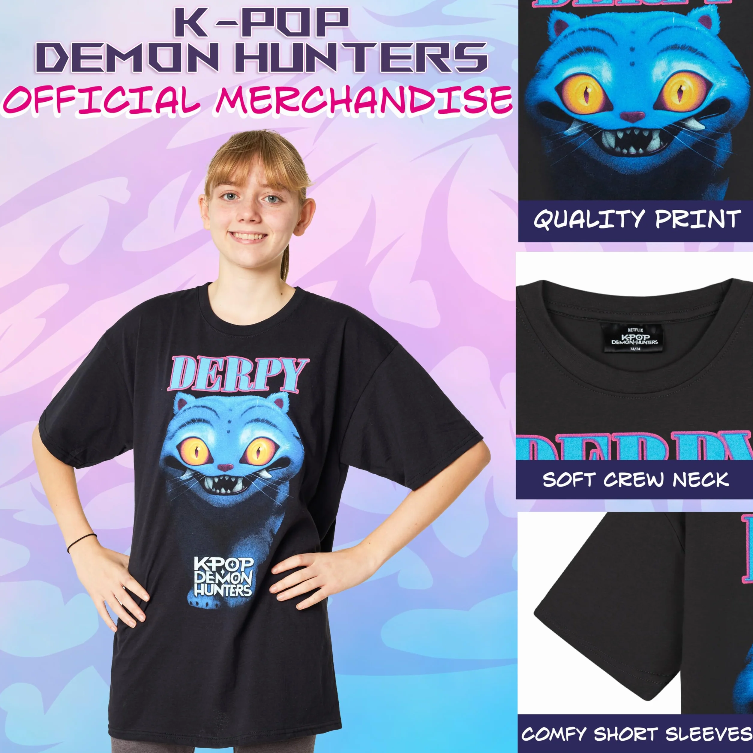 KPop Demon Hunters Oficial Camiseta Niña Manga Corta, Huntrix Saja Boys Derpy Tiger, Regalo Niña Chica