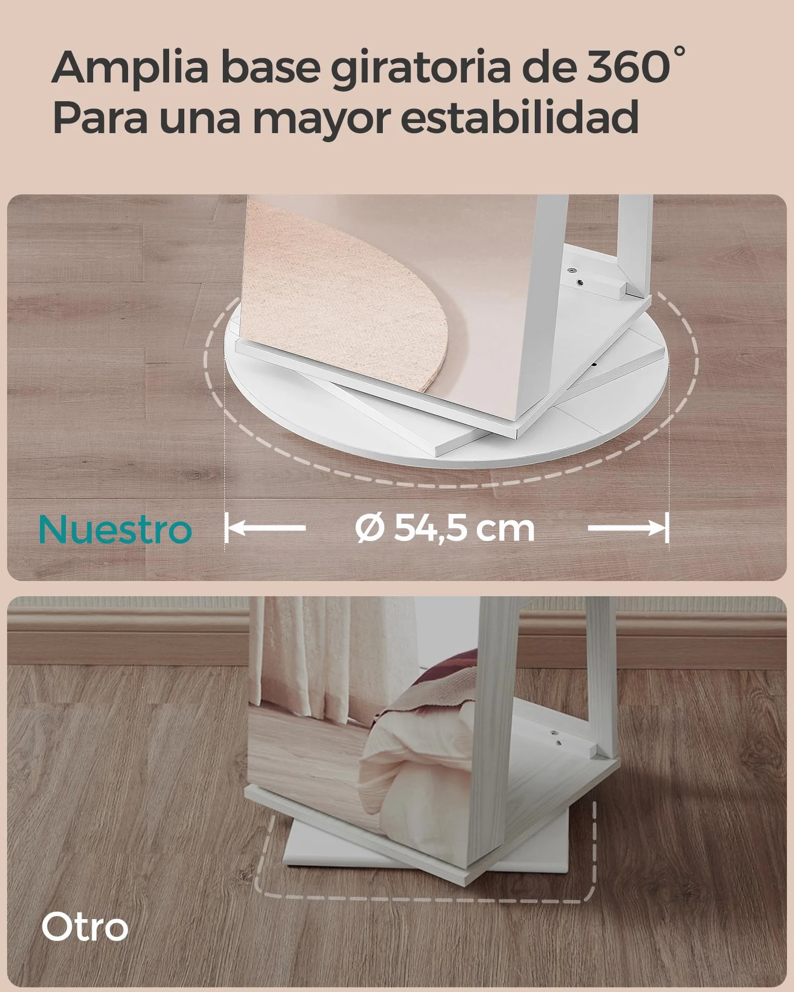SONGMICS Espejo Joyero con 6 LEDs, Armario de Joyas de Giro de 360°, Organizador de Joyería Giratorio, sin Marco, Espejo Completo, 3 Estantes, Superficie Blanco, Forro Greige JJC007W02