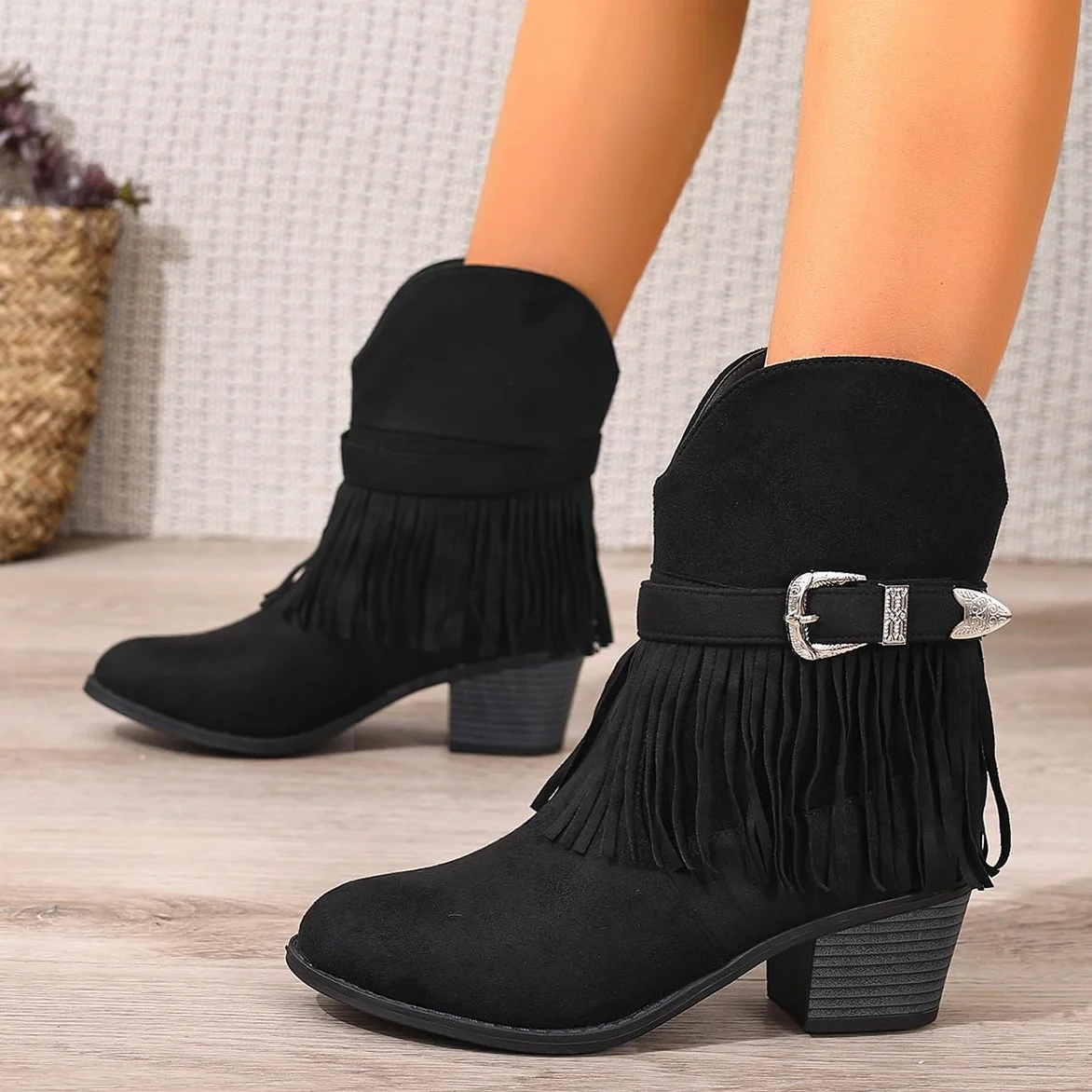 Botines de Tobillo de Ante para Mujer con Flecos Tacón Medio Ancho Fácil de Calzar Estilo Vaquero Calzado Boho para Conciertos Country Fiestas Temáticas Bodas y Baile