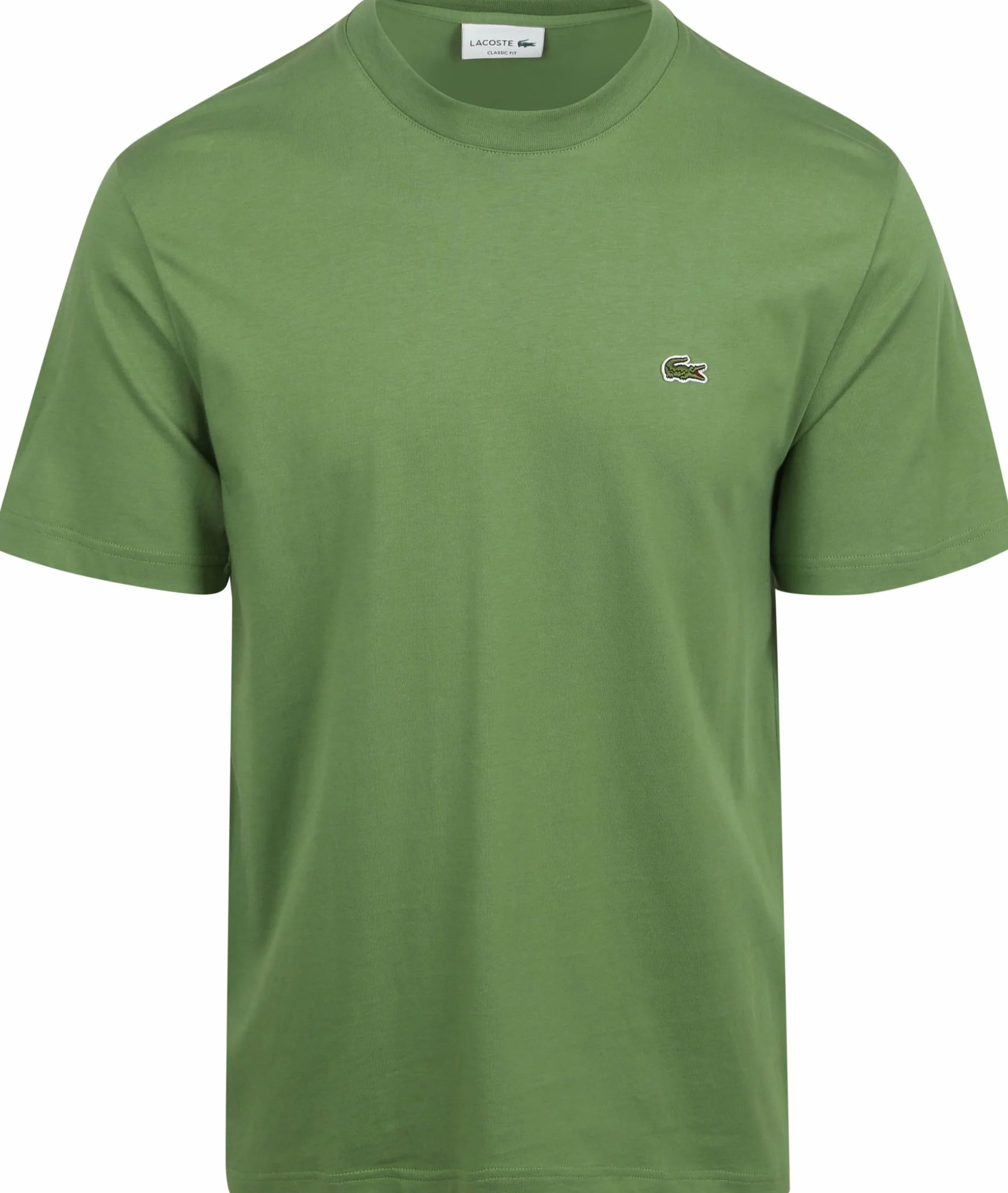 Lacoste Camiseta de Algodón Verde Mache Vert, Manga Corta, Cuello Redondo, Corte Clásico con Cocodrilo Bordado