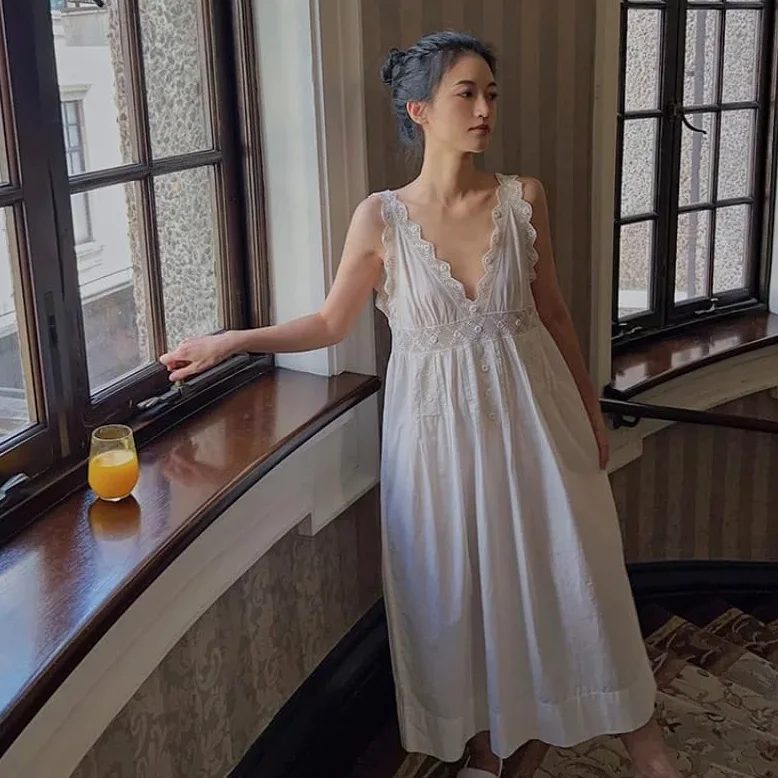 OFFSUM Camisón De Pijama De Mujer - Ropa De Dormir Sin Mangas De Encaje Sexy De Algodón Bordado A La Moda Ropa De Casa Informal De Gran Tamaño Estilo Palaciego Dulce Princesa