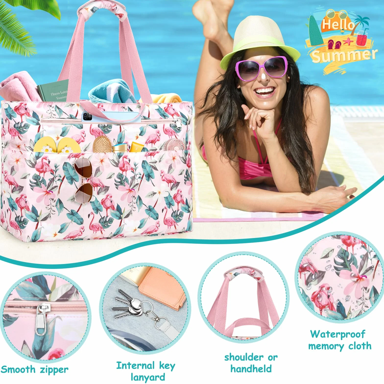 Bolsa Playa Mujer Grande Xxl Familiar Bolsos Playa Con Cremallera Beach Bag Plegable Bolsa Viaje Ligero Tote Bag Mujer Para Playa, Viajes, Picnic. 50L