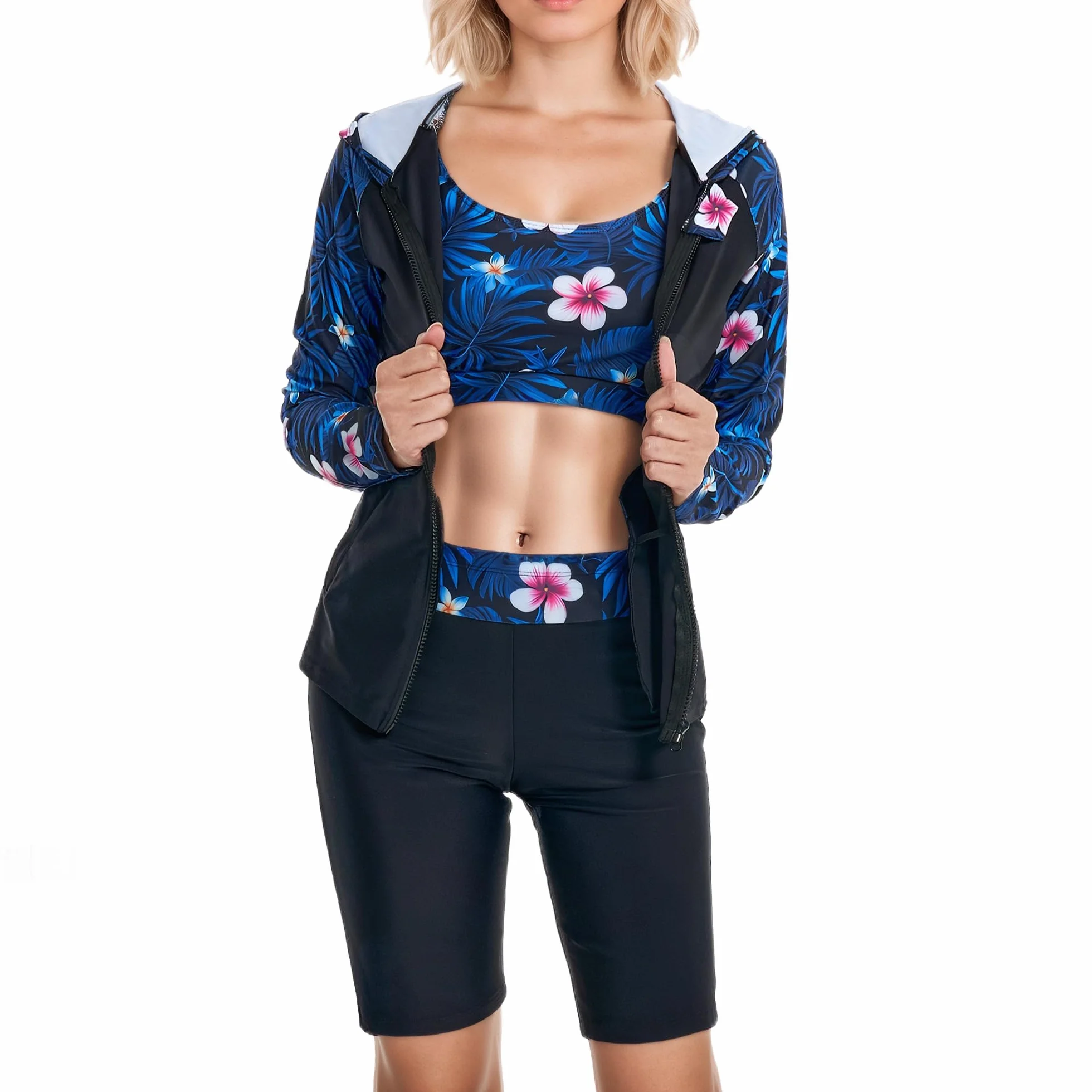Owntop Camiseta de protección contra erupciones de 3 piezas para mujer | Trajes de baño con capucha UPF50+ | Camisas de manga larga con cremallera y parte superior de bikini y pantalones cortos de