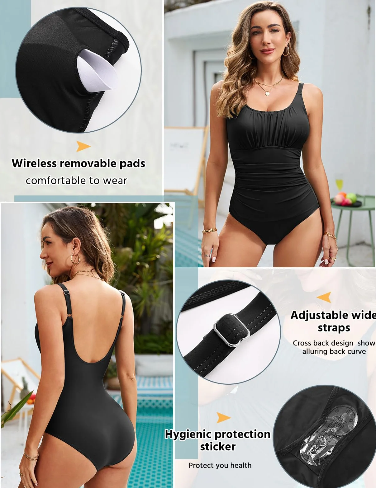 Vancavoo Bañador de Una Pieza Mujer Reductores Traje de Baño de Pliegues Cintura Alta Cuello en U Bañadores Push Up Ropa de Baño de Playa de Chaleco