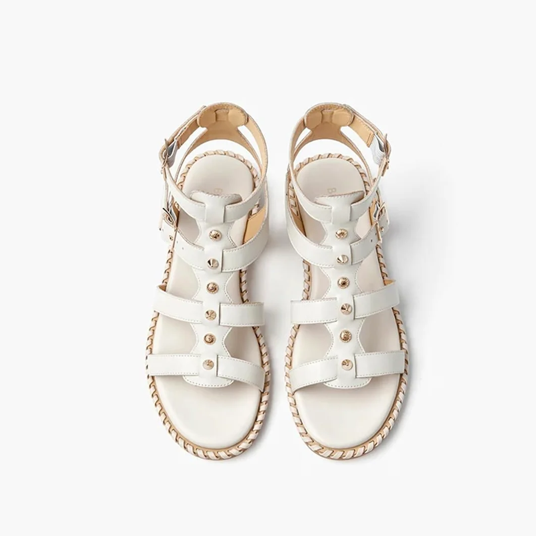Sandalias de gladiador con correa de hebilla y correa al tobillo para mujer, tacón plano, estilo gladiador, piel de becerro, doble hebilla, de metal, informales, de verano