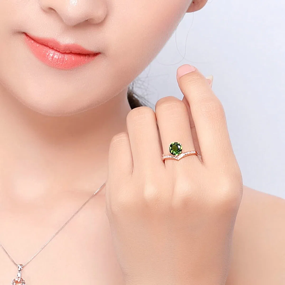 Anillos Mujer Oro 18 Kilates, Joyas de Mujer con 7mm Diópsido Diamante Forma V Oro Rosa 18 Kilates para Boda Aniversario Día de San Valentín
