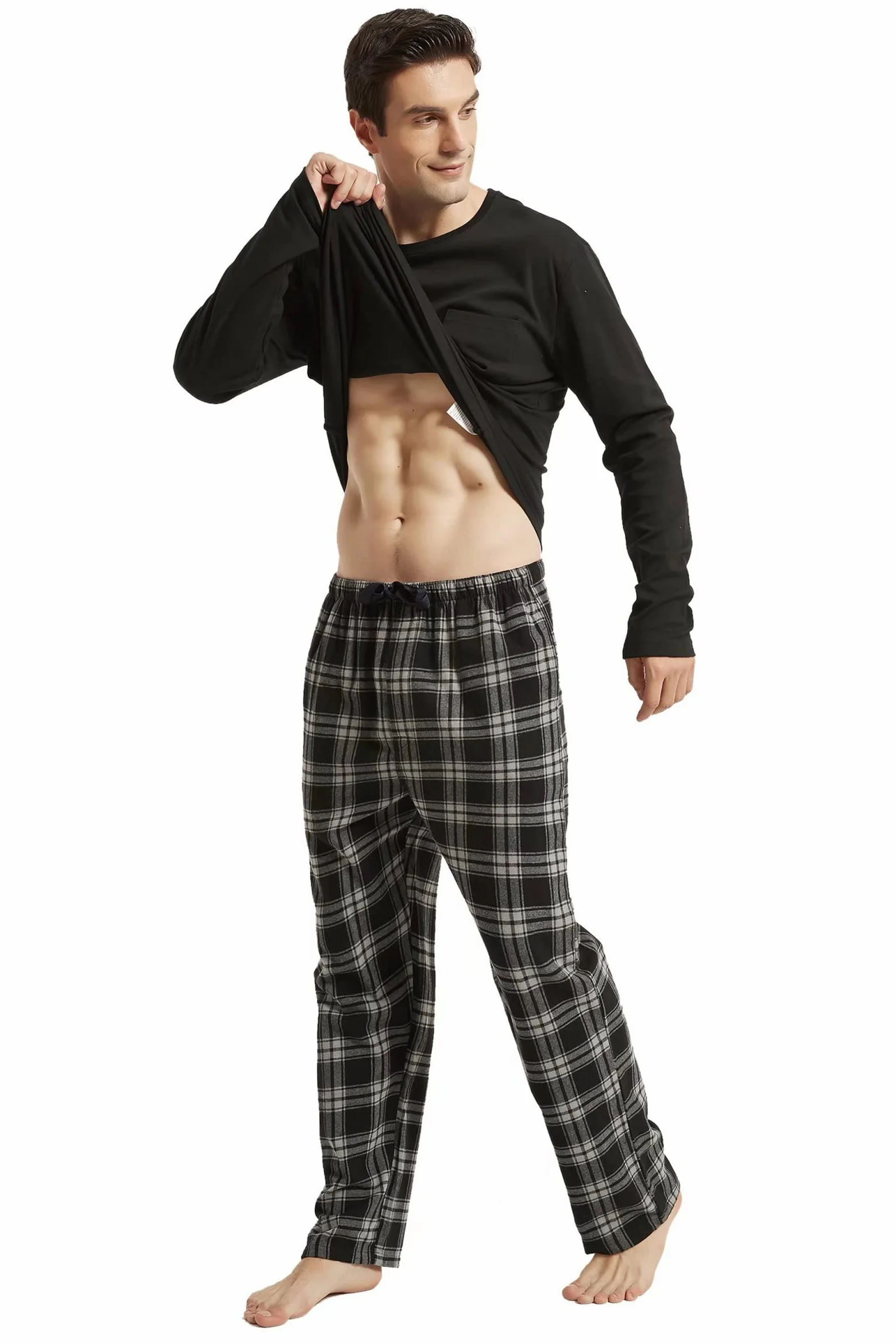 Amaxer Pijama de Dos Piezas Hombre, Conjunto de Pijama de Franela, Ropa de Dormir, Camiseta de Manga Larga con Bolsillos, Pantalones de Pijama con cordón