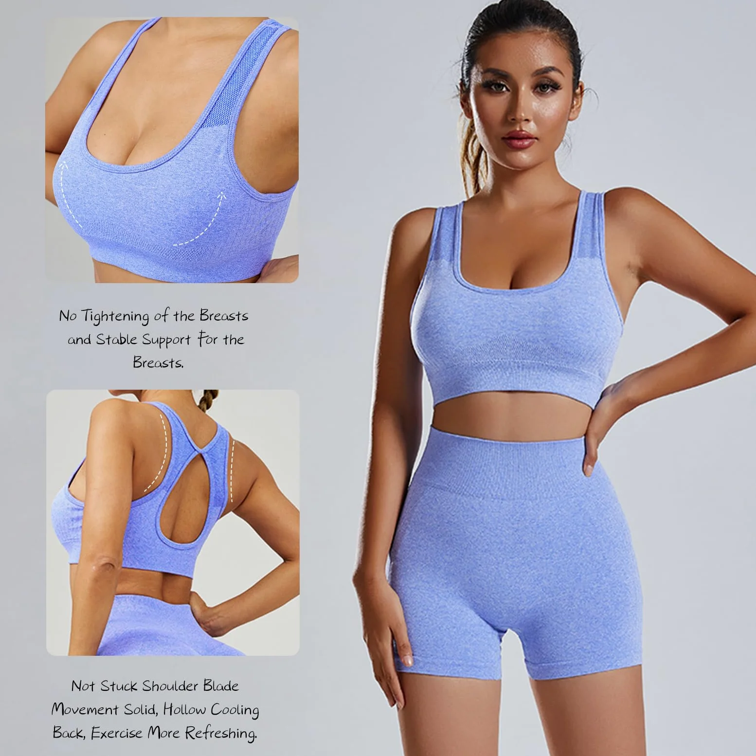 Conjunto Deportivo Sin Costuras Mujer Conjunto de Entrenamiento de 2 Piezas Elásticos Short de Cintura Alta Top Deportivo con Corte en la Espalda