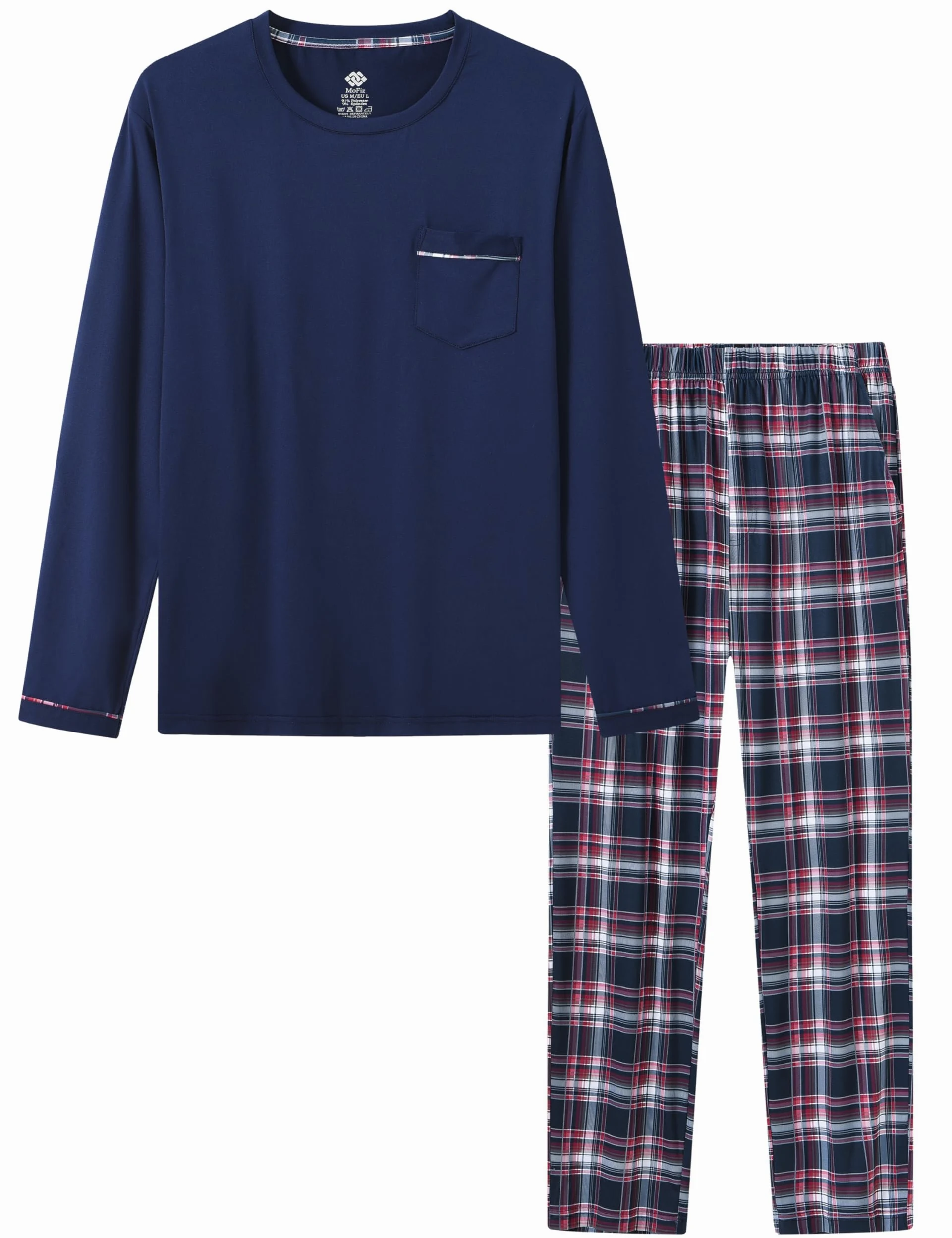 MoFiz Pijamas Largo Hombre Invierno Suave Cálido Ropa de Dormir Conjunto de Pijama Manga Larga Camiseta y Pantalón de Pijama a Cuadros con Bolsillos