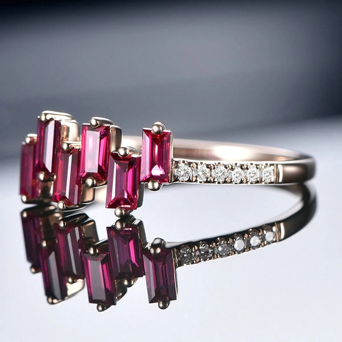 Anillos de oro rosa de 18 quilates (750), anillos para niñas con incrustaciones de 0,68 ct rubí y 0,075 ct diamante de color rojo paloma rubí diamante anillo, 65 (20.7), Ruby Diamond