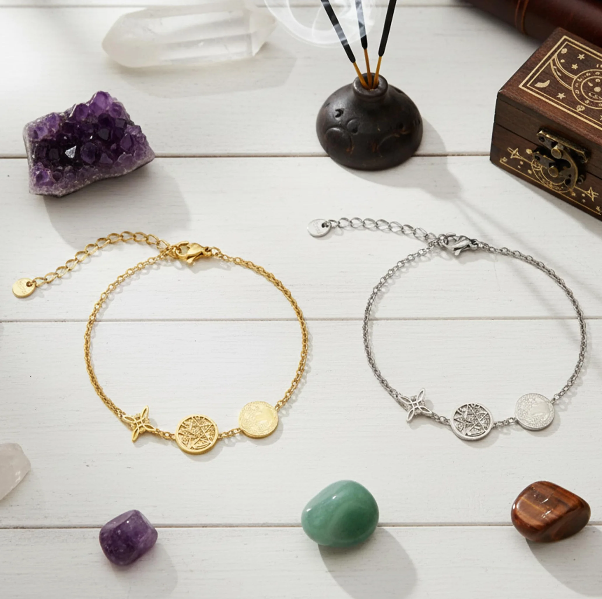 Pulsera Triple Protección Acero Inoxidable 316L 17cm Ajustable Amuleto Esotérico Dorado y Plateado