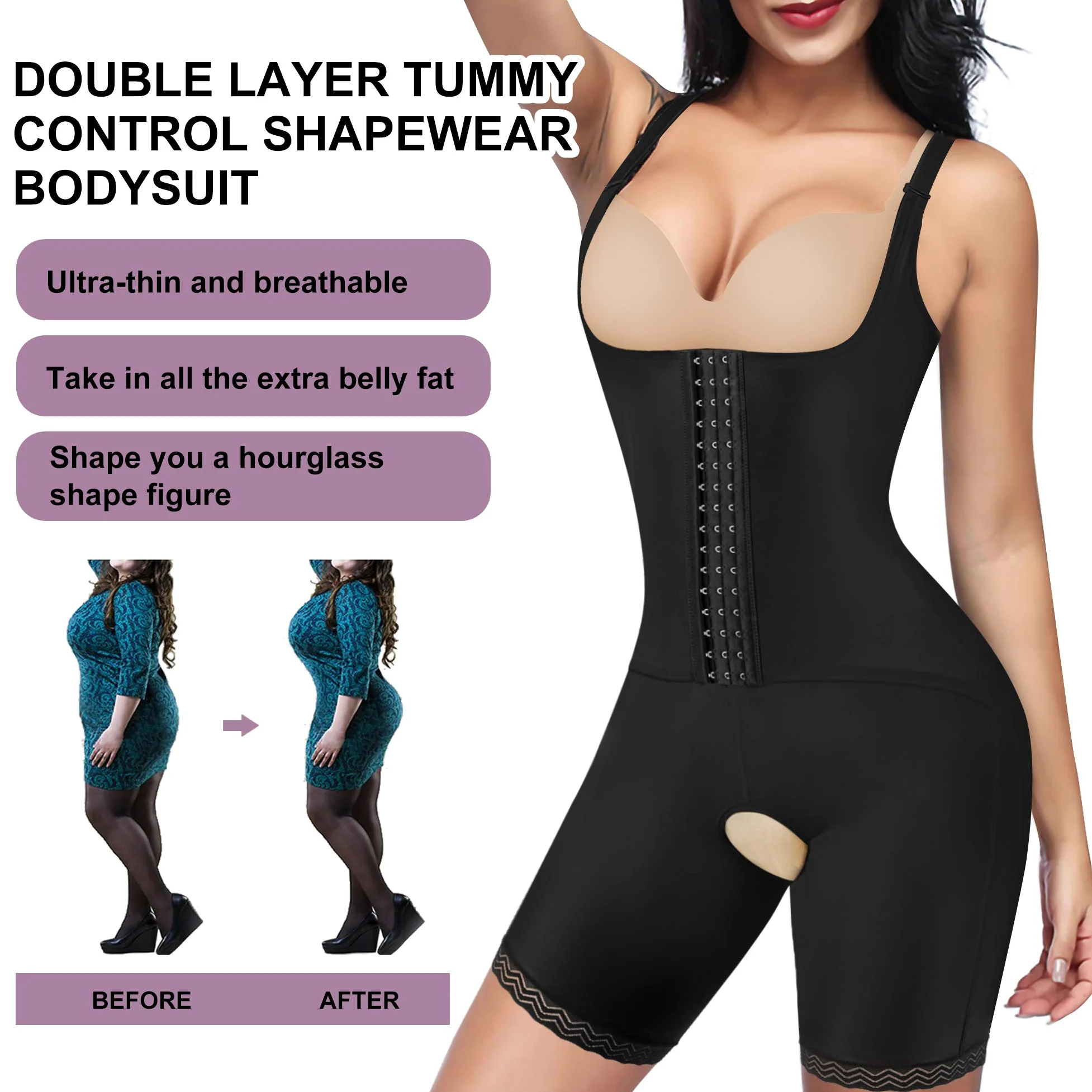 Gotoly Body moldeador para mujer, doble control de abdomen, levantamiento de glúteos, cintura alta, moldeador de cuerpo completo