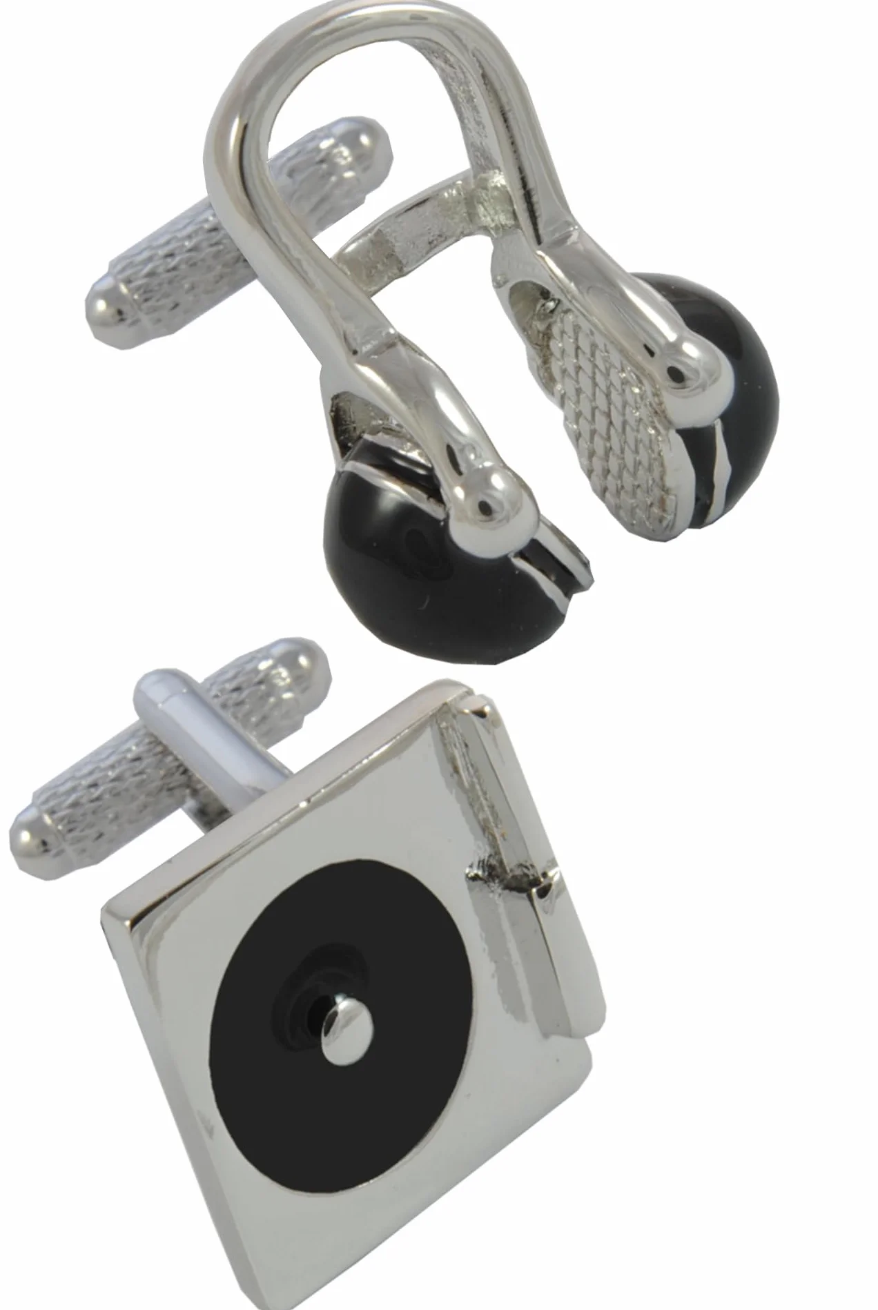 Gemelos Camisa Hombre Música con Caja Placa Giratoria DJ Auriculares Latón Plata Negro Un Par