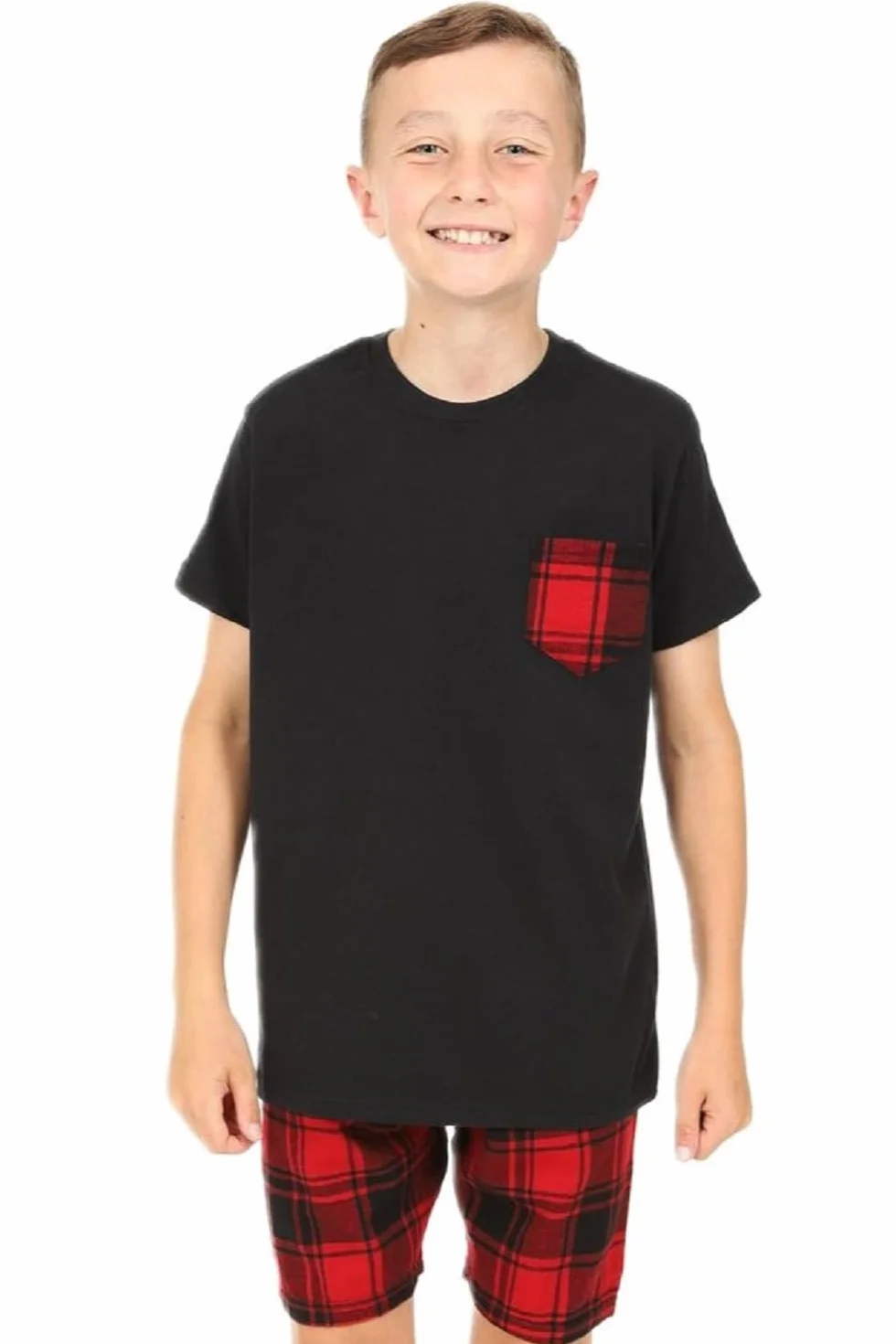 ThePyjamaFactory Pijamas Niño Corto Algodón Cuadros Rojo Negro