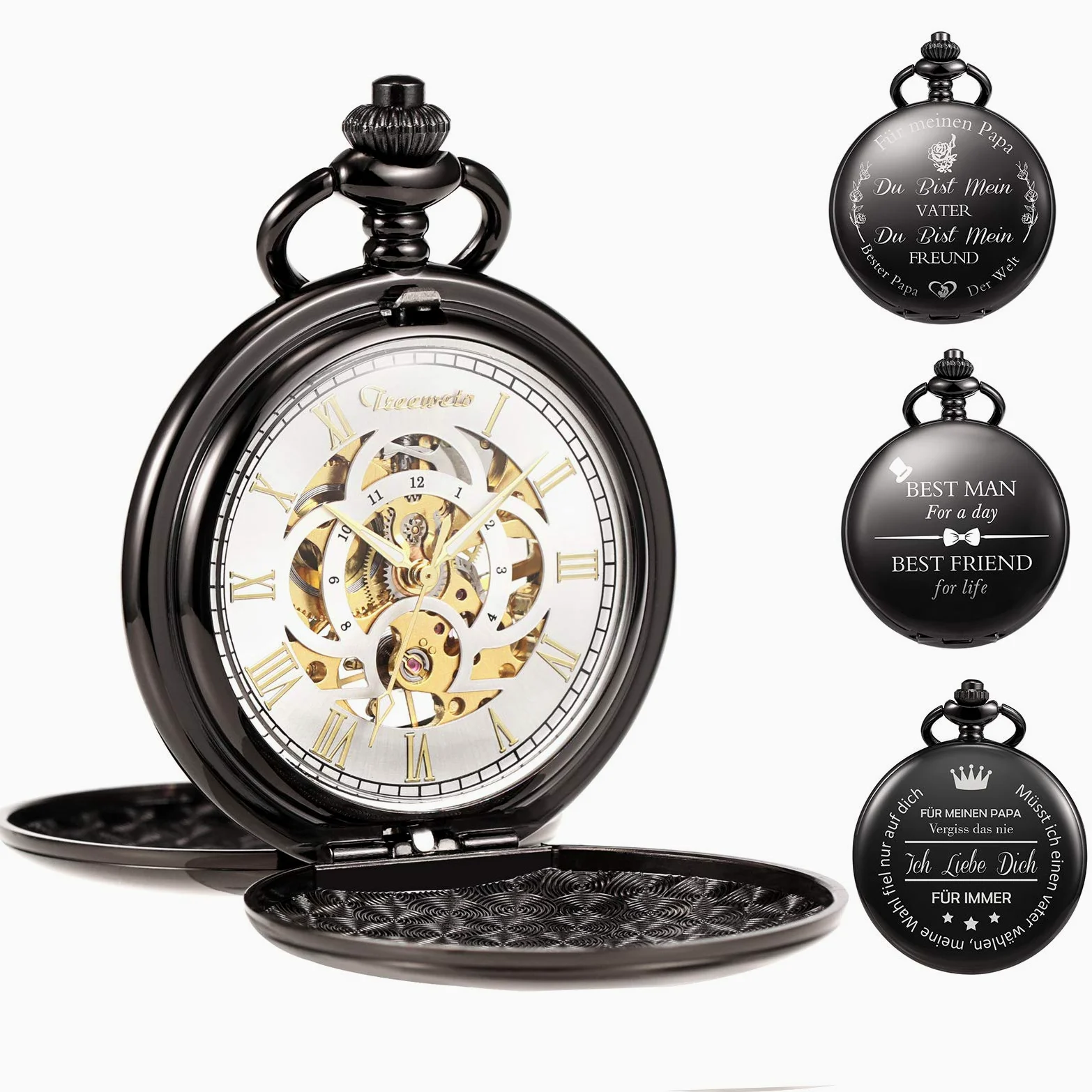 TREEWETO Reloj de bolsillo unisex personalizado grabado con cadena, analógico, doble bisagra, grabado antiguo, romano, Blanco