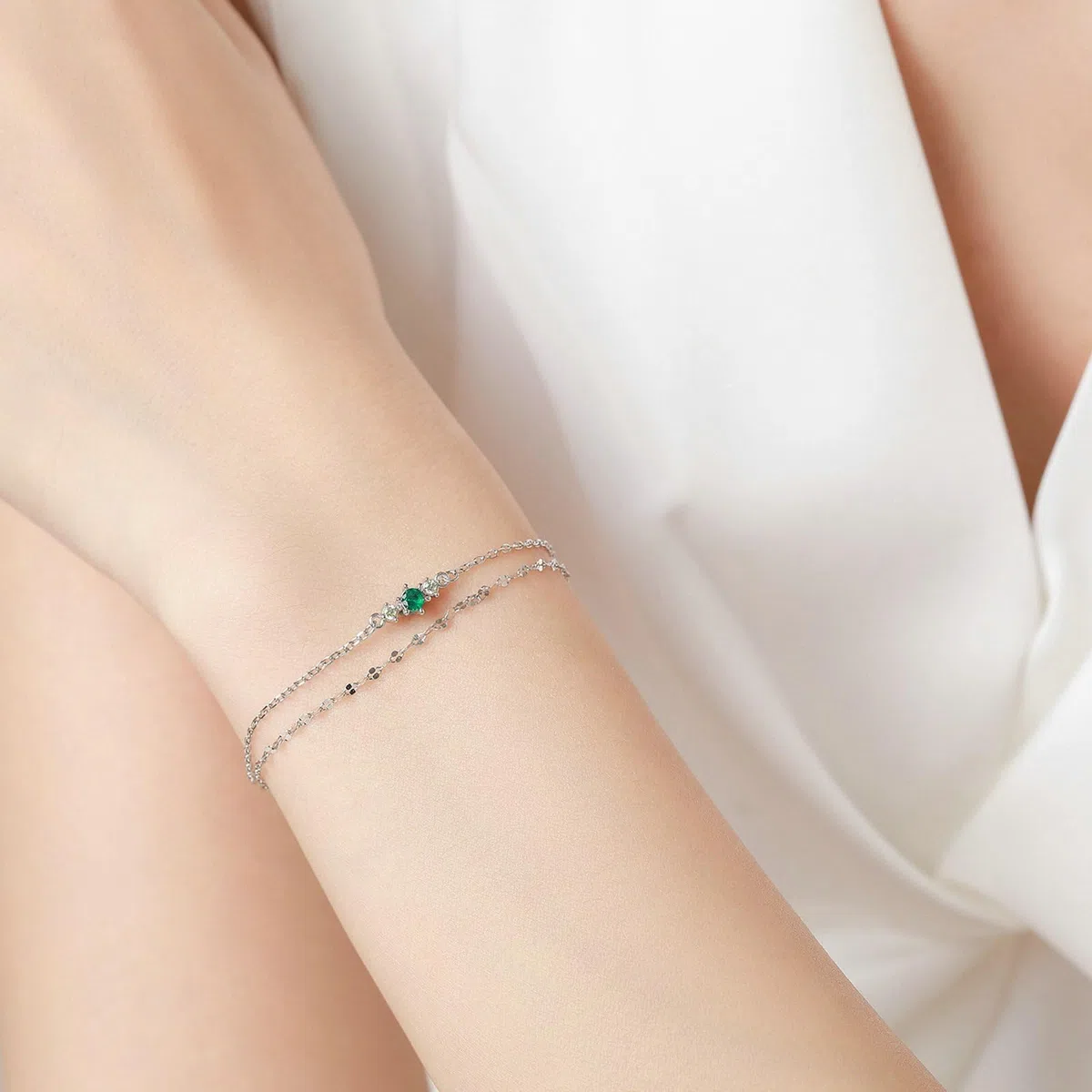 Pulseras amarillas de doble capa para mujer con esmeralda creada, pulsera para mujer,