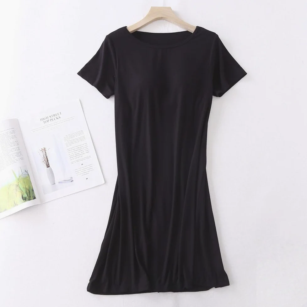 Camisón Para Mujer - Camisón De Modal De Manga Corta Para Mujer, Ropa De Dormir De Verano Con Cuello Redondo, Mini Camisón Con Almohadilla En El Pecho, Ropa De Dormir Informal Holgada Para El Hog
