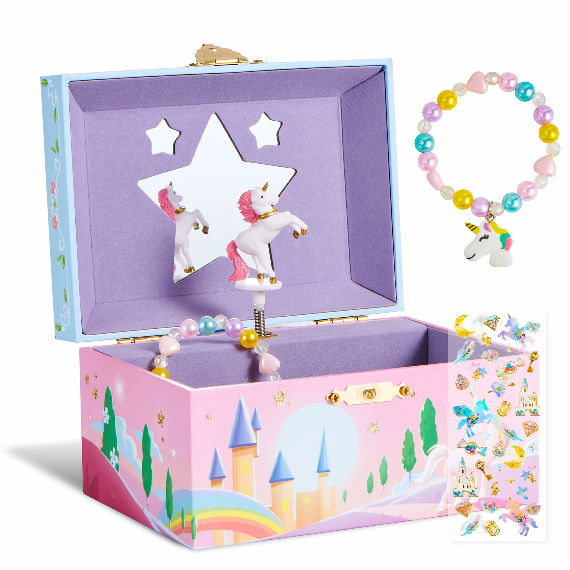 JOYIN Joyero musical de unicornio con espejo estrella, pulsera y calcomanías