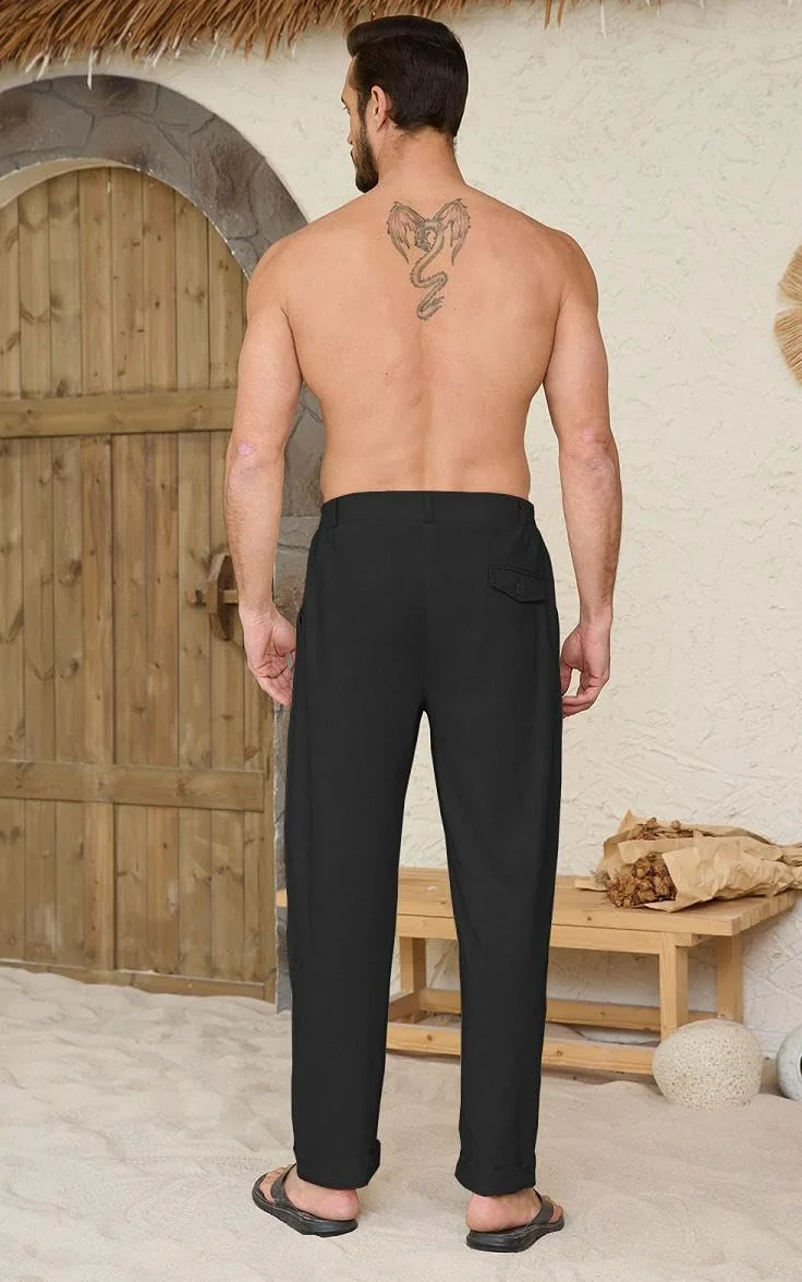 Yutdeng Pantalones Lino Hombre Verano Pantalon Largo Pantalón Lino Algodón Ligeros con Bolsillos Cintura Elástica Pantalon Vestir Casual Anchos Pantalones de Verano Hombre Regular Fit
