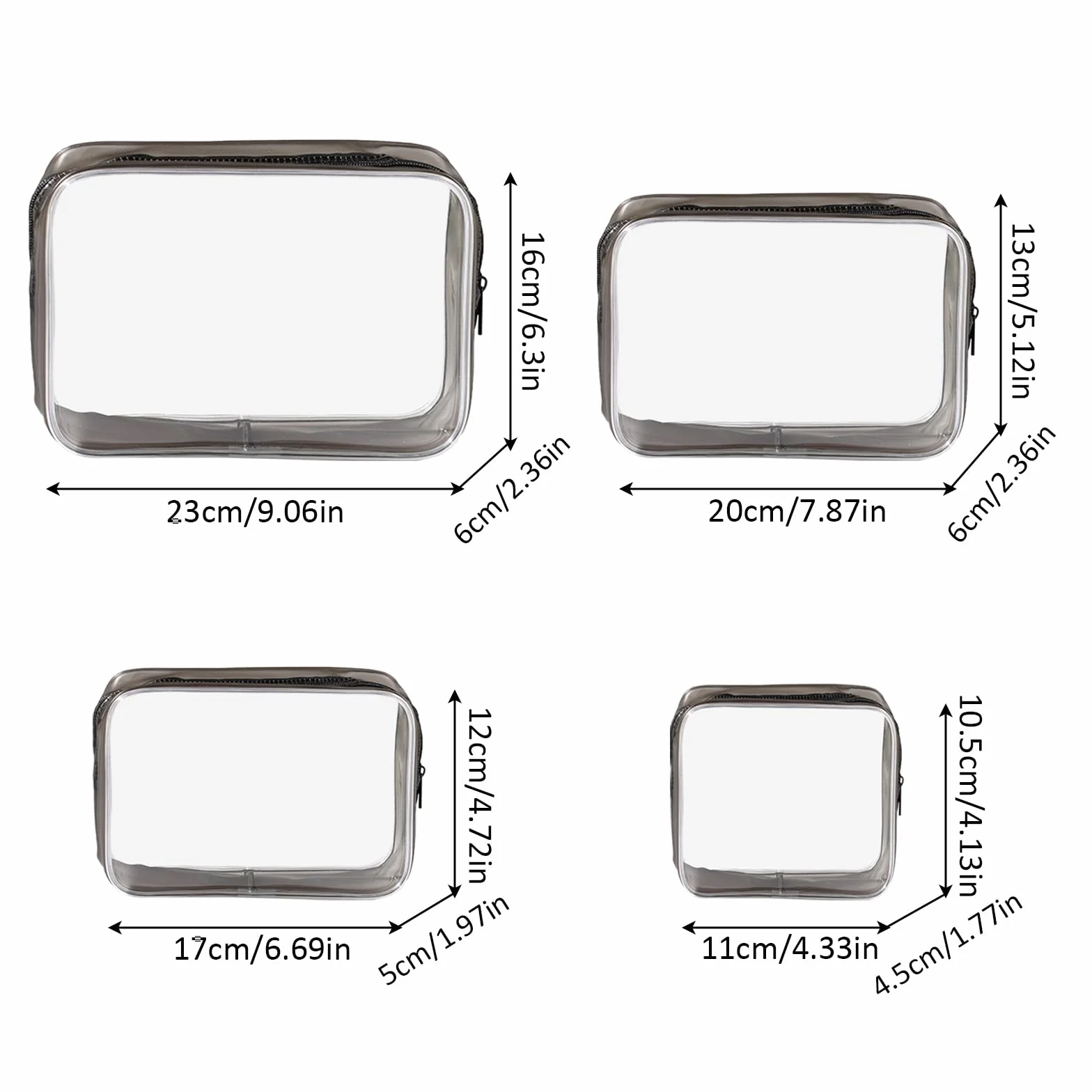 KEYRI 4 Piezas Neceser de Aseo Transparente Bolsas Portátil de PVC Bolsa de Cosméticos Impermeables Bolsa TSA Neceser de Viaje Avion Bolsa de Maquillaje para Mujeres y Hombres (Negro)