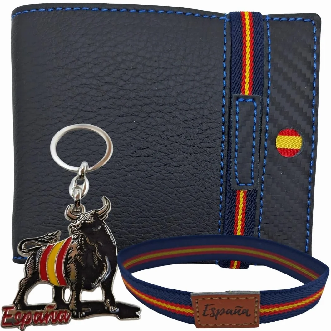 Cartera de Piel para Hombre Hecha artesanalmente en Ubrique Hombres y jóvenes, Incluye Llavero y Pulsera de temática española. (76 Negro Tira Grabado Hilo Azul)