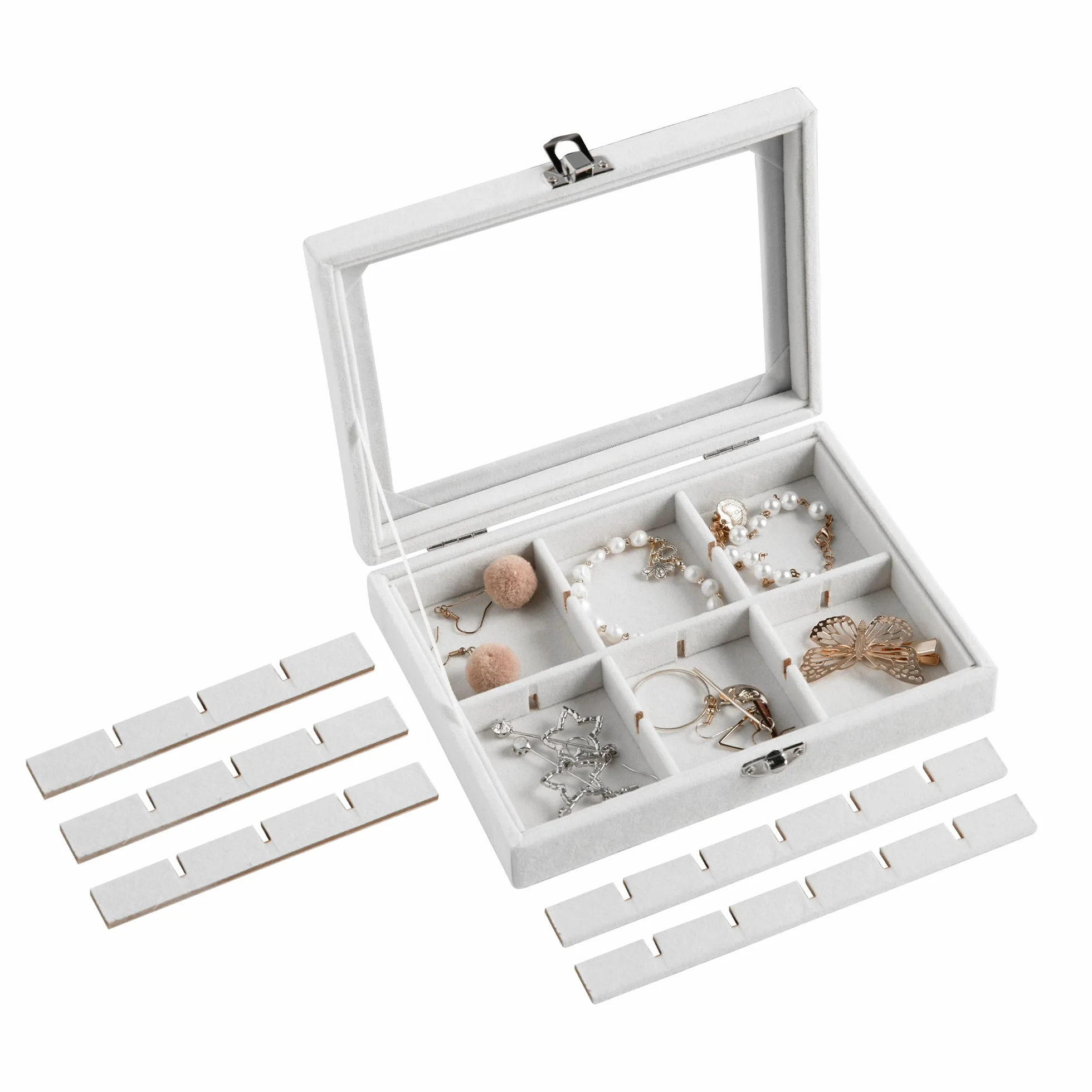 Frebeauty Bandeja de joyería 24 rejillas organizador de aretes terciopelo caja joyas con tapa transparente cerradura
