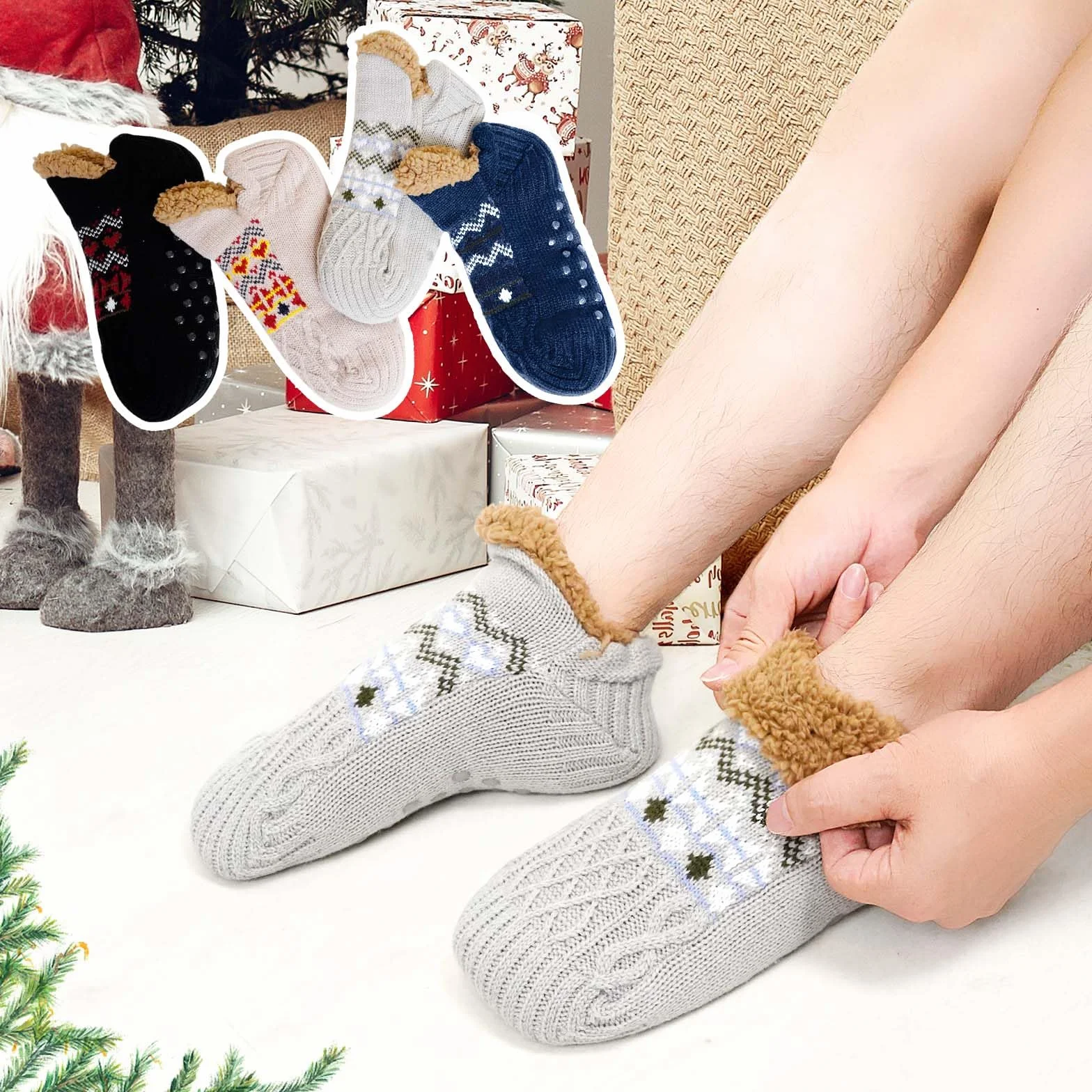 PUTUO Calcetines Antideslizantes para Hombre de Invierno: Calcetín Termicos Hombre Cálidos Suaves Mullidos Calcetín Gruesos Calcetines Andar por Casa Gordos Térmicos 1 Pares 39-46