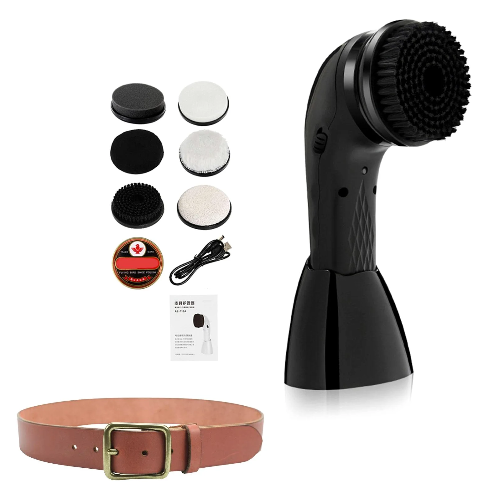 Limpiador de zapatos eléctrico - Kit de pulido de zapatos con cepillo de | limpieza multifuncional Juego de cepillos para zapatos automático | Kit de cuidado de la piel portátil inalámbrico, Negro