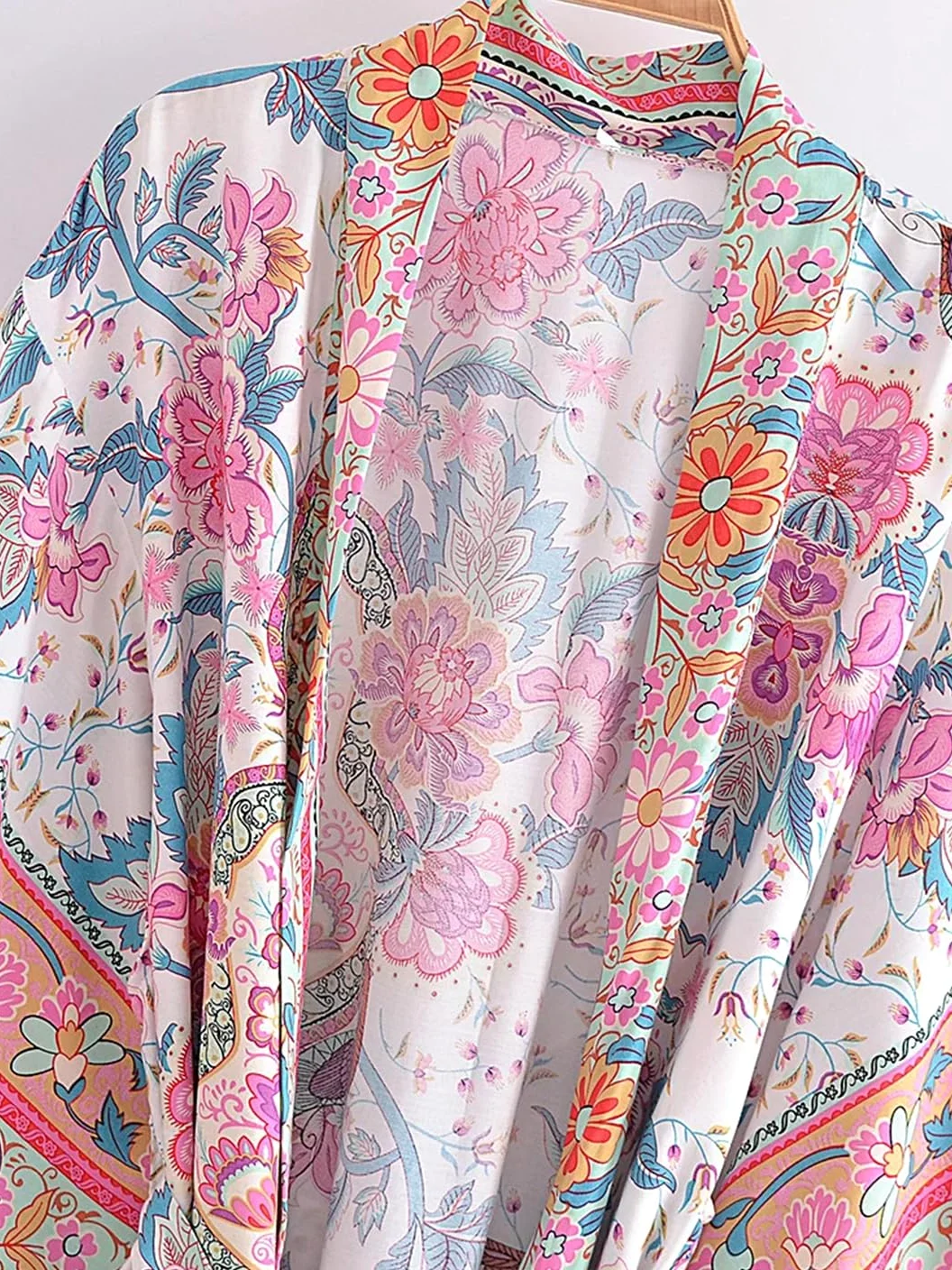 Disimlarl Kimono bohemio con estampado de manga murciélago para mujer, cuello en V, borla, manga larga, para cubrir el bikini