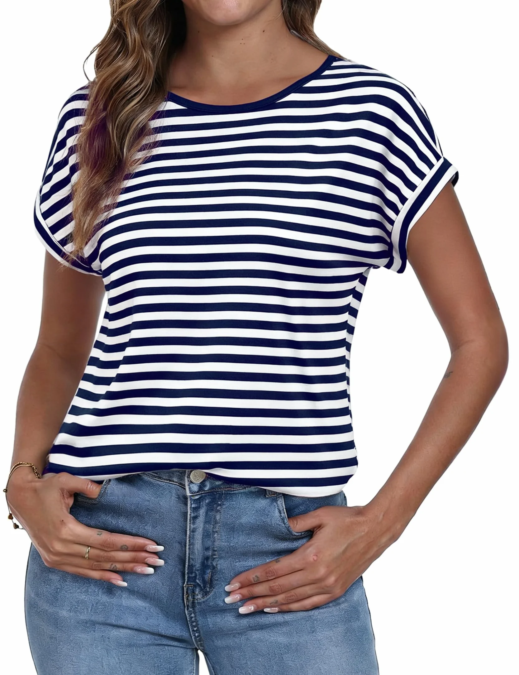 Camiseta Manga Corta Mujer Cuello Redondo Top Mujer a Rayas Camisetas Basicas Corte Holgado y Cómodo Blusa Casual de Verano Diseño Ligero y Transpirable Ideal para Uso Diario