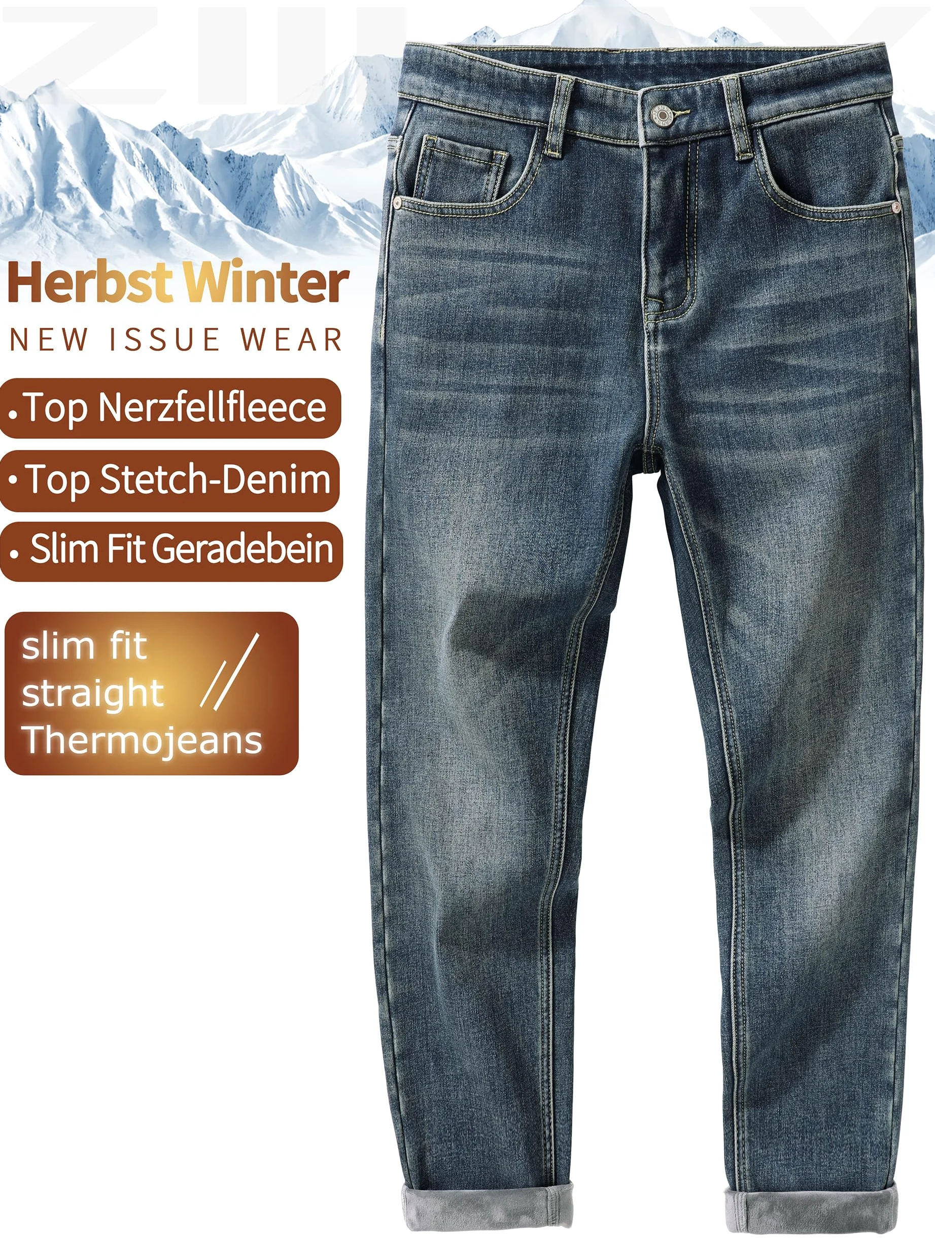 Pantalones vaqueros térmicos ajustados para hombre, pantalones térmicos para la nieve, pantalones de invierno forrados con forro polar