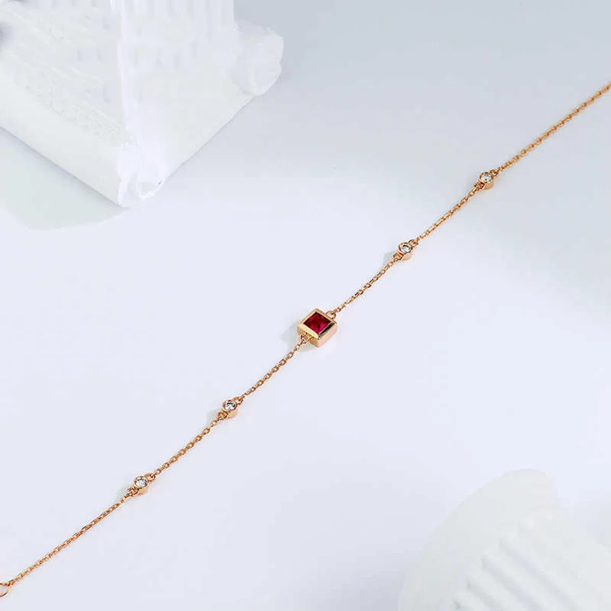 Pulseras de Oro Rosa 9K / 14K / 18K Mujer, Cuadrado con Rubí y Diamante, Cadena Extensible 16 CM + 5 CM, Pulseras Oro Rosa Ajustable Mujer