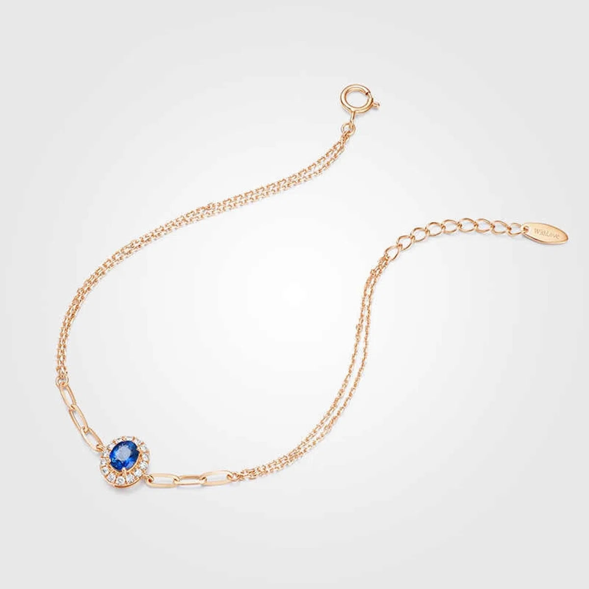 Pulseras de oro rosa para mujer, pulsera de promesa de zafiro azul de 0,4 quilates, cadena ovalada de doble capa con diamantes
