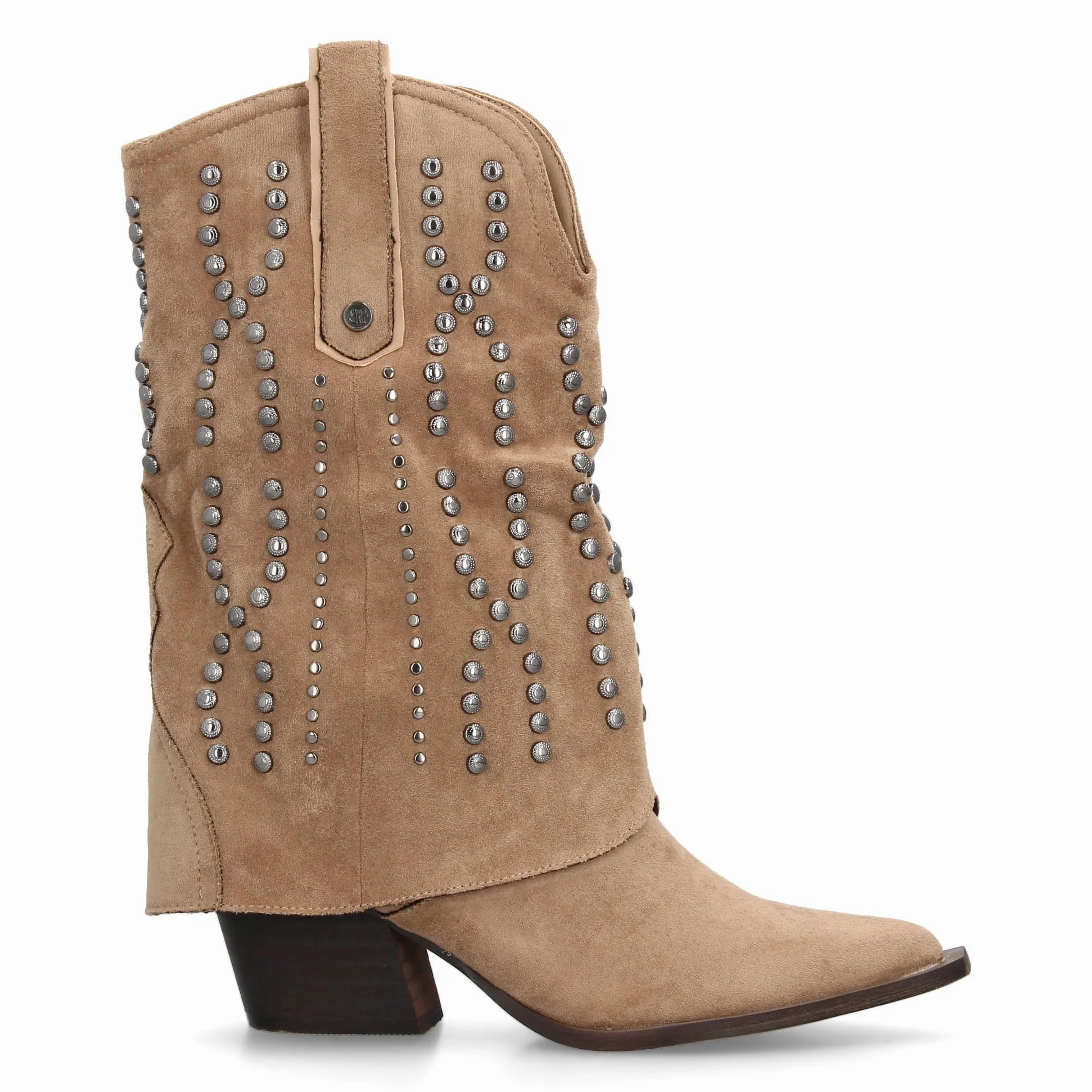 Botin Cowboy para Mujer con Diseno campero. Tachuelas metalicas, Punta Fina y Tacon. Ideal para la Temporada Otono Invierno.