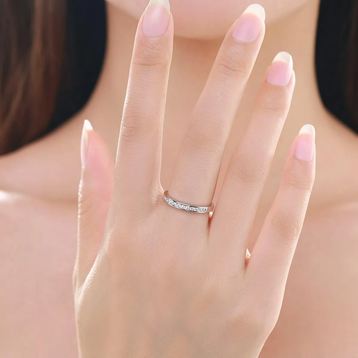 Anillos de compromiso, anillo de oro blanco, 18 K, apilable, diseño clásico de fila con diamante redondo, tamaño 52 (16,6)