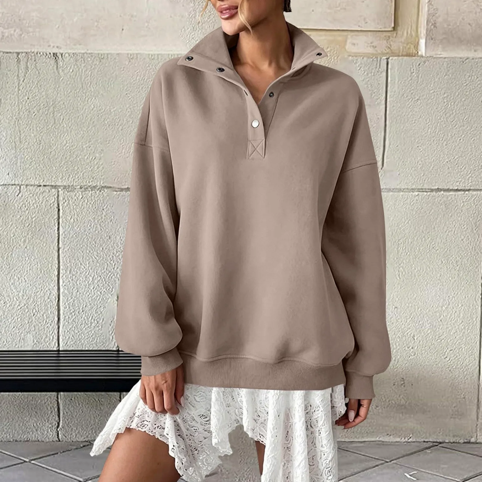 Generico Sudaderas Mujer Sin Capucha Cuello Alto con Botones Manga Larga | Sudadera lisa elegante y ligera, suave y cómoda, ajuste holgado, para llevar todos los días